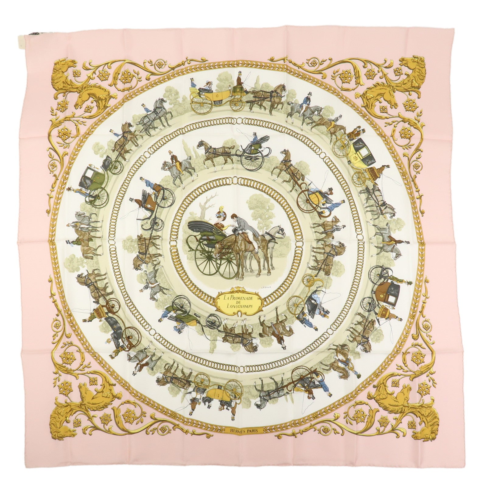 HERMES Carre 90 Silk 100% Scarf LA PROMENADE DE LONGCHAMPS White