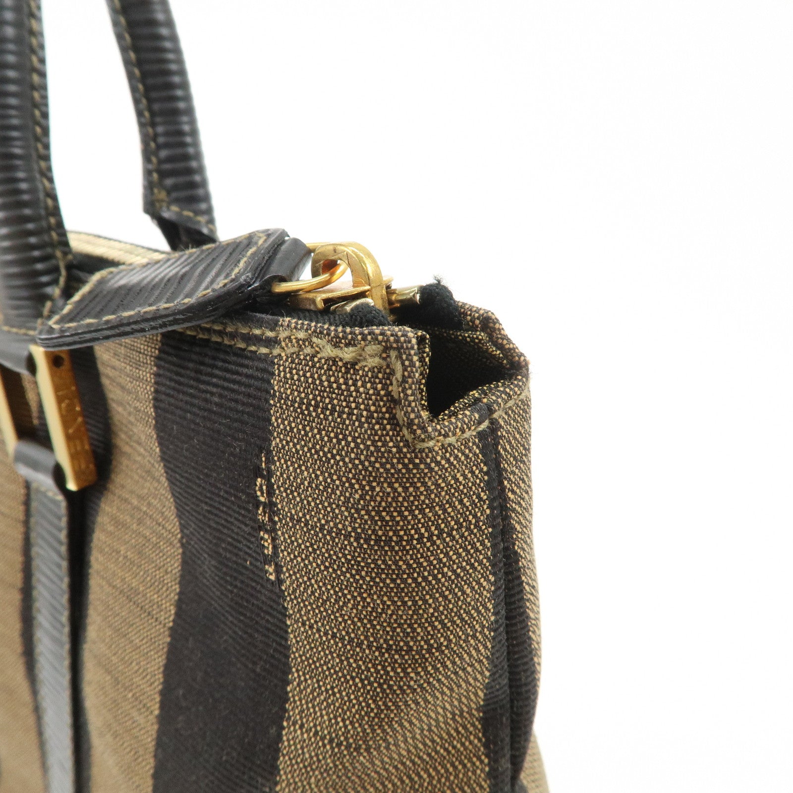 FENDI Pequin Canvas Leather Hand Bag Tote Bag Black Brown