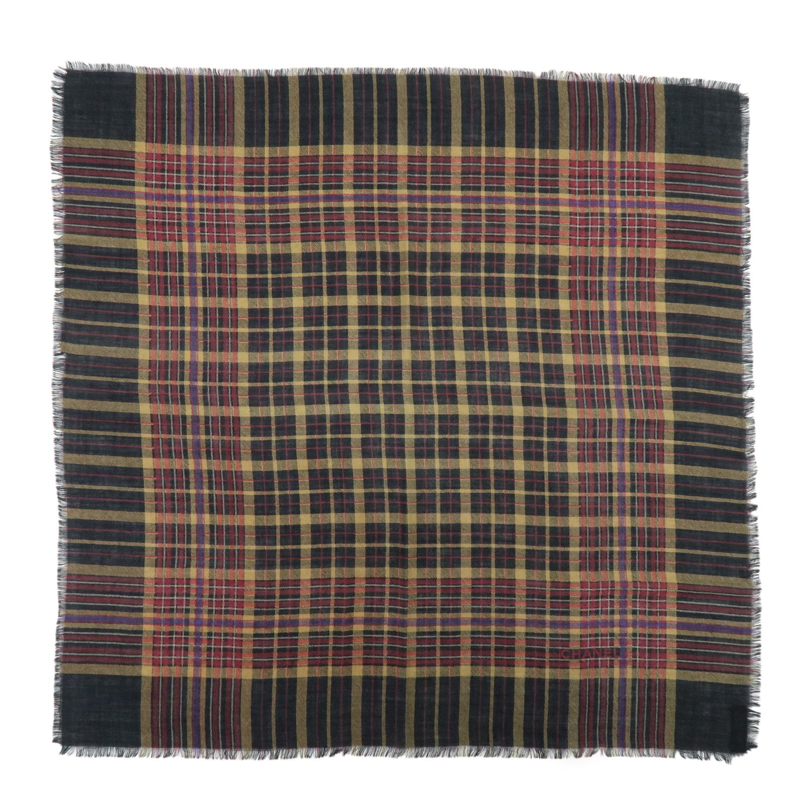 CHANEL Silk Cashmere Plaid Scarf Black Beige Wine Red