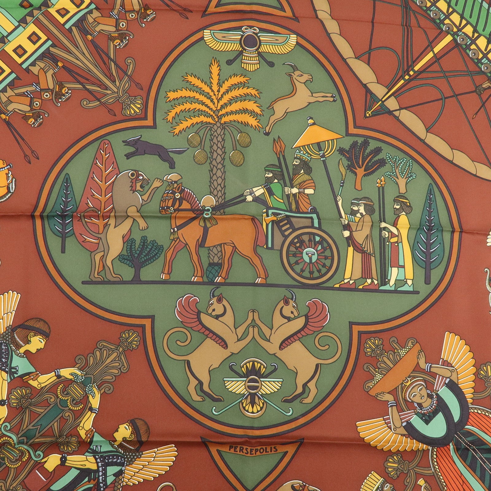 HERMES Carre 90 Silk 100% Scarf PERSEPOLIS Persian Print Brown