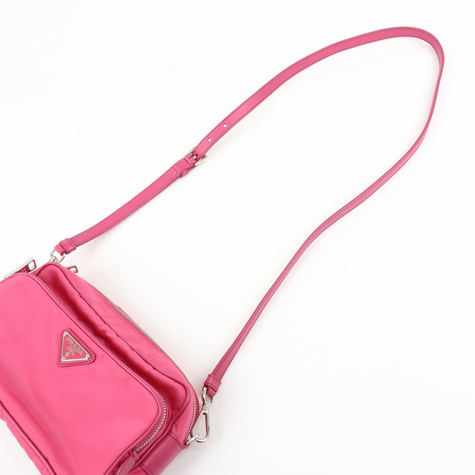 PRADA Triangle Logo Nylon Saffiano Leather Shoulder Bag Pink BT1010
