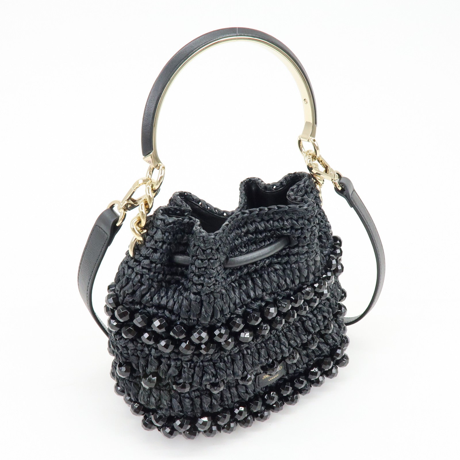 JIMMY CHOO BON BON Raffia Beads Leather 2Way Mini Bag Black