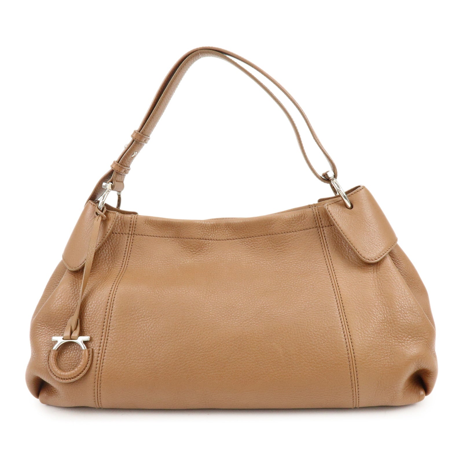 Ferragamo Gancini Leather Shoulder Bag Hand Bag Charm Brown