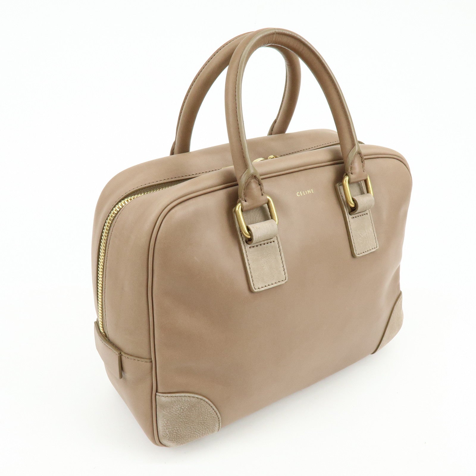 CELINE Leather Suede Hand Bag Boston Bag Beige
