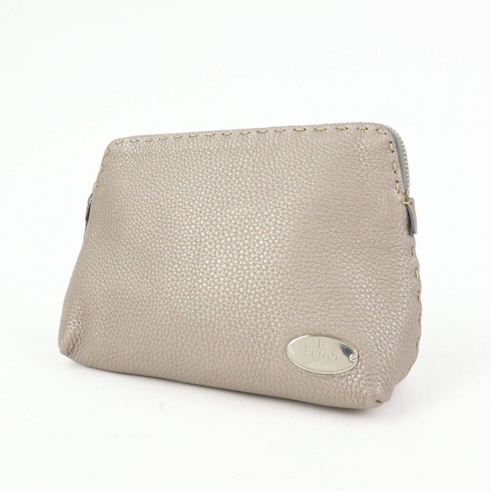 FENDI Selleria Leather Pouch Cosmetic Pouch Gray