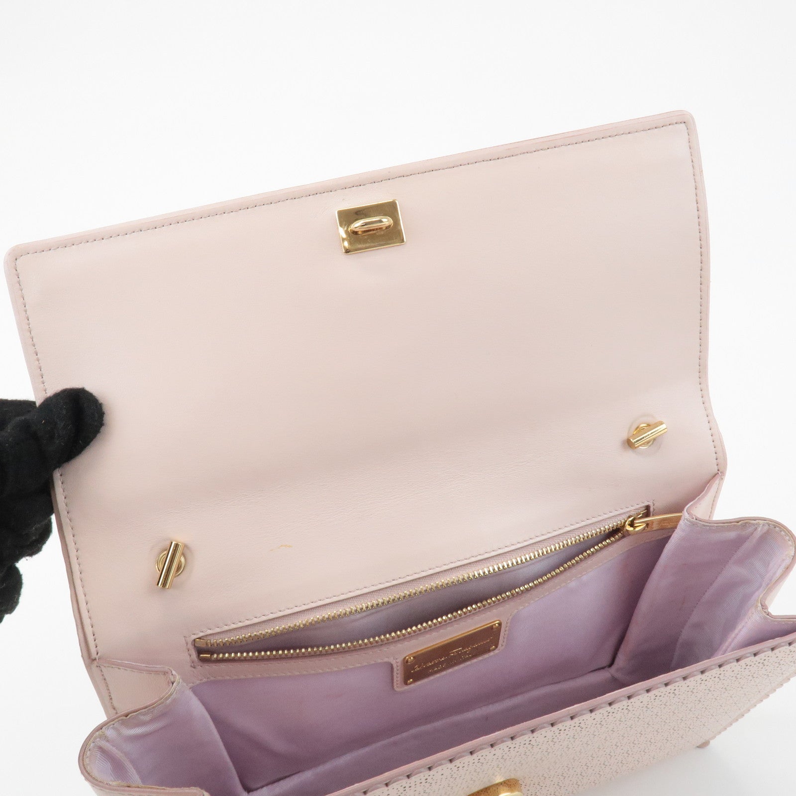 Ferragamo Vara Leather Ribbon Chain Shoulder Bag Pink Used