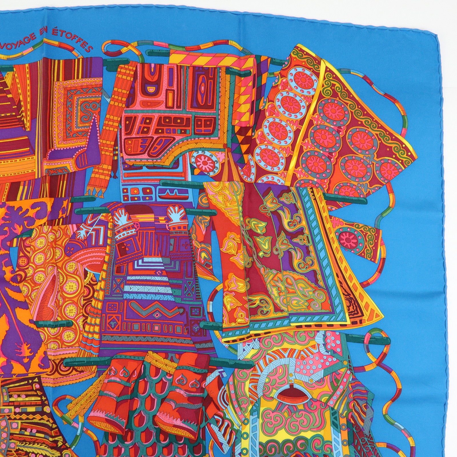 HERMES Carre 90 Silk 100% Scarf VOYAGE EN ETOFFES Blue Orange Pink