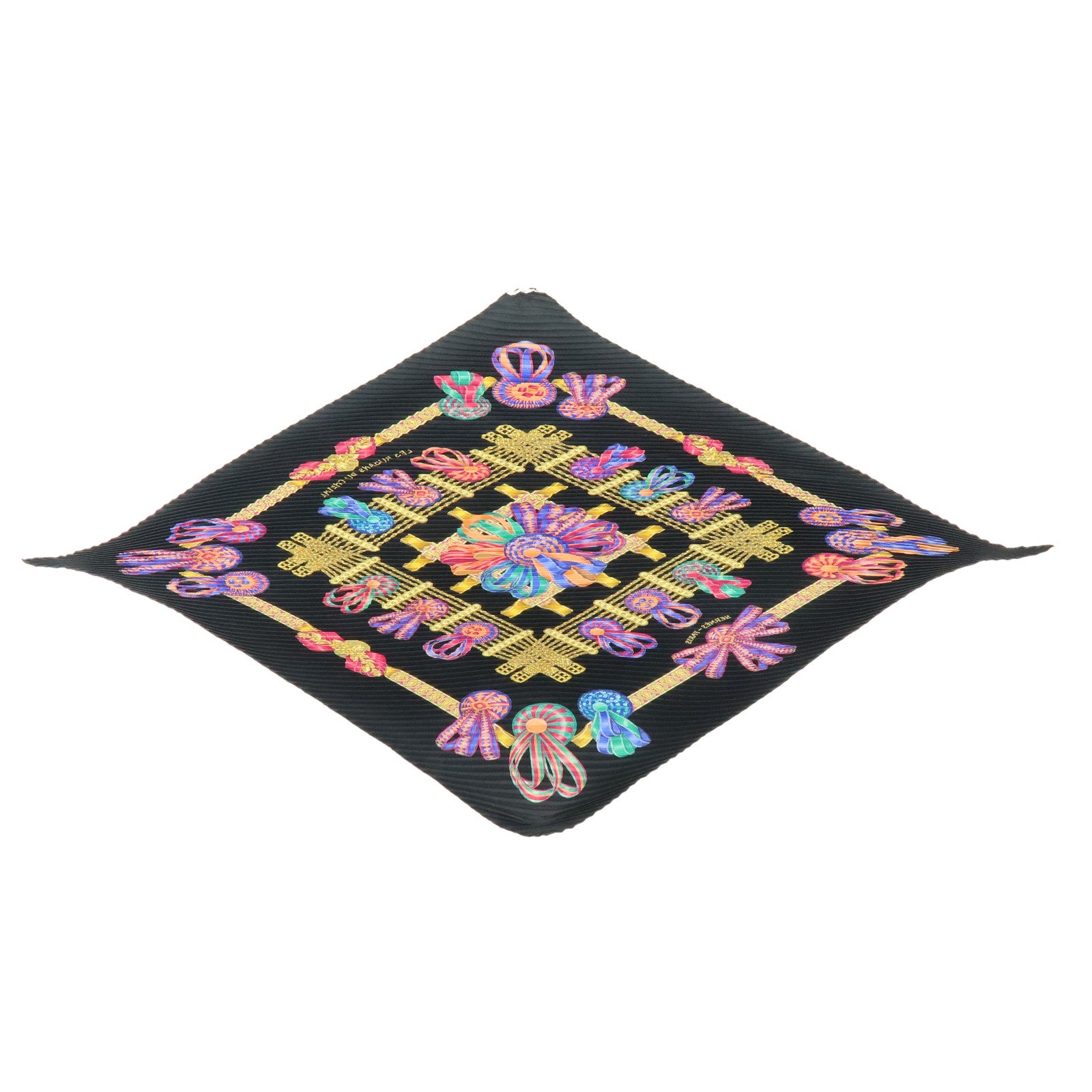 HERMES Pleats Carre Silk 100% Sarf LES RUBANS DU CHEVAL Black