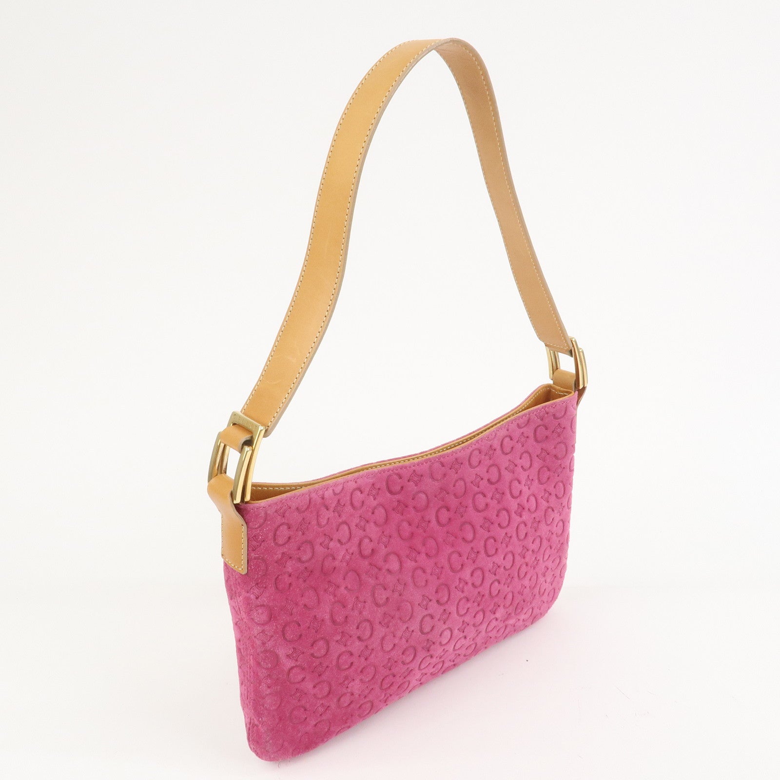 CELINE C Macadam Suede Leather Shoulder Bag Pink Light Brown