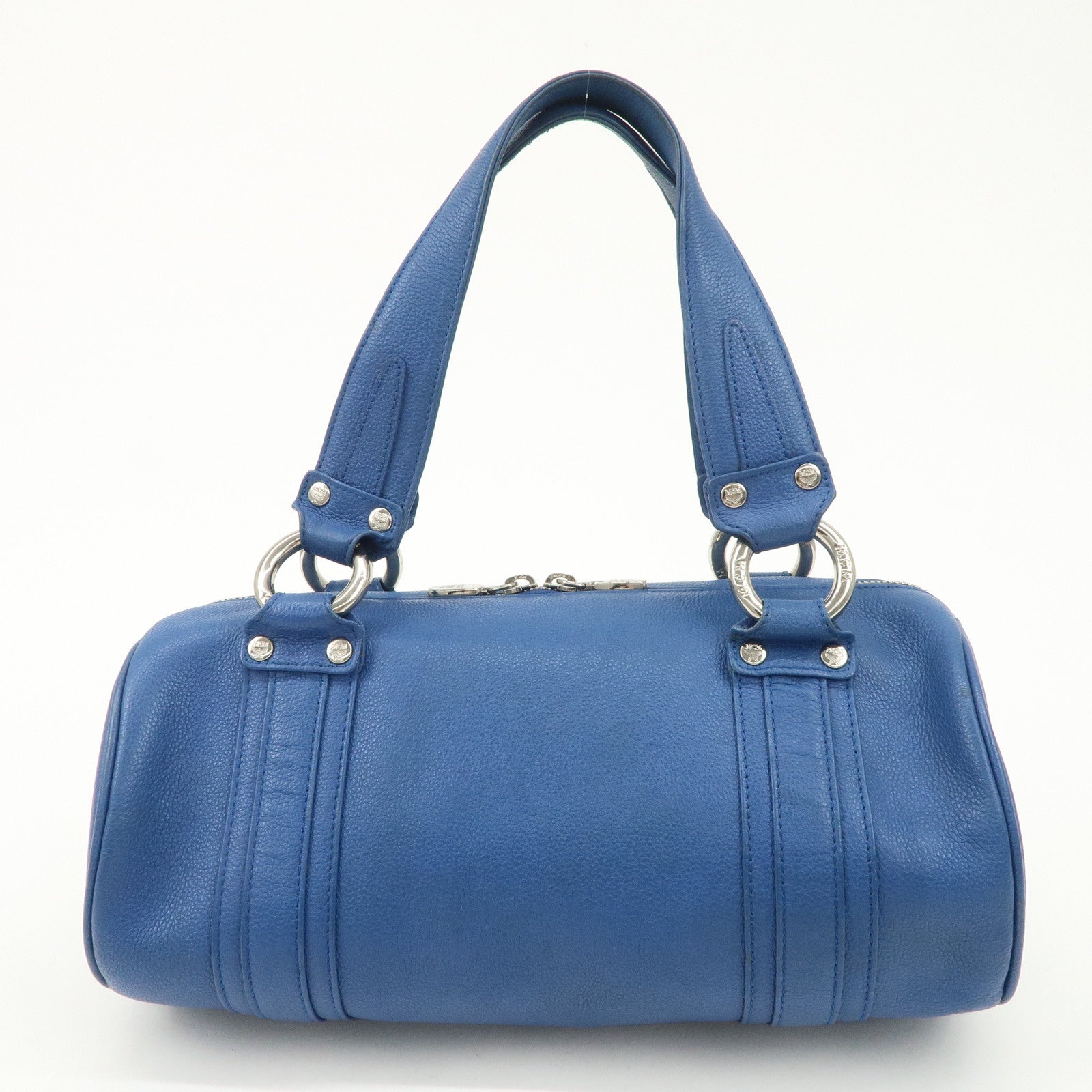 MCM Logo Leather Hand Bag Silver Studs Blue