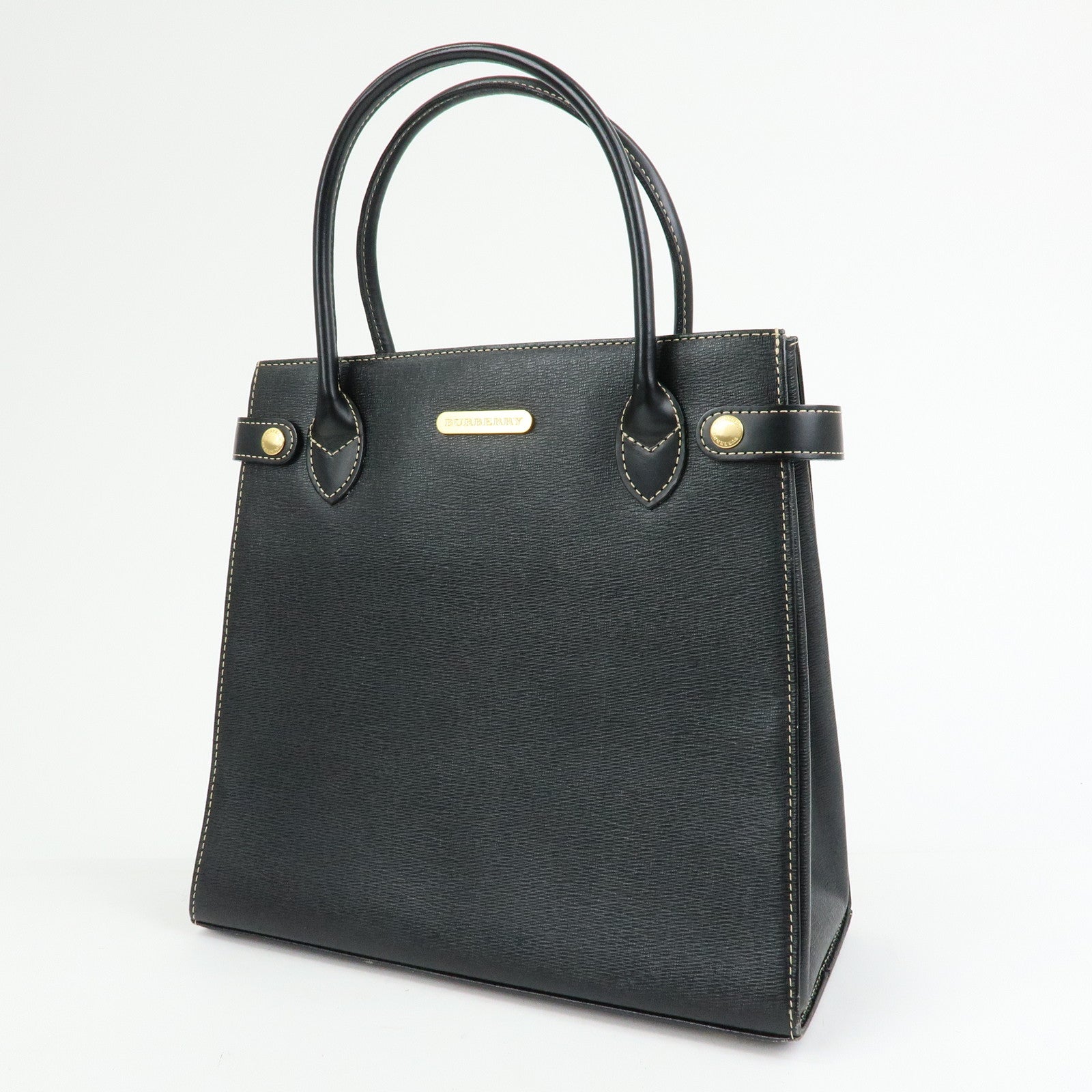BURBERRY Leather Nova Plaid Hand Bag Tote Bag Black