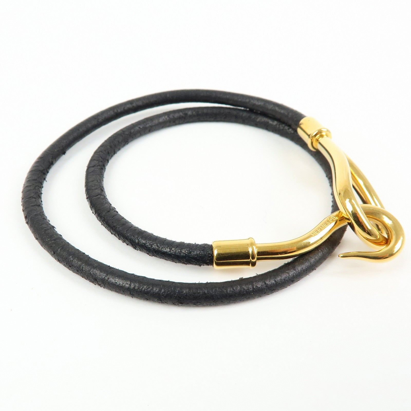 HERMES Jumbo Choker Leather Metal Bracelet Black Gold
