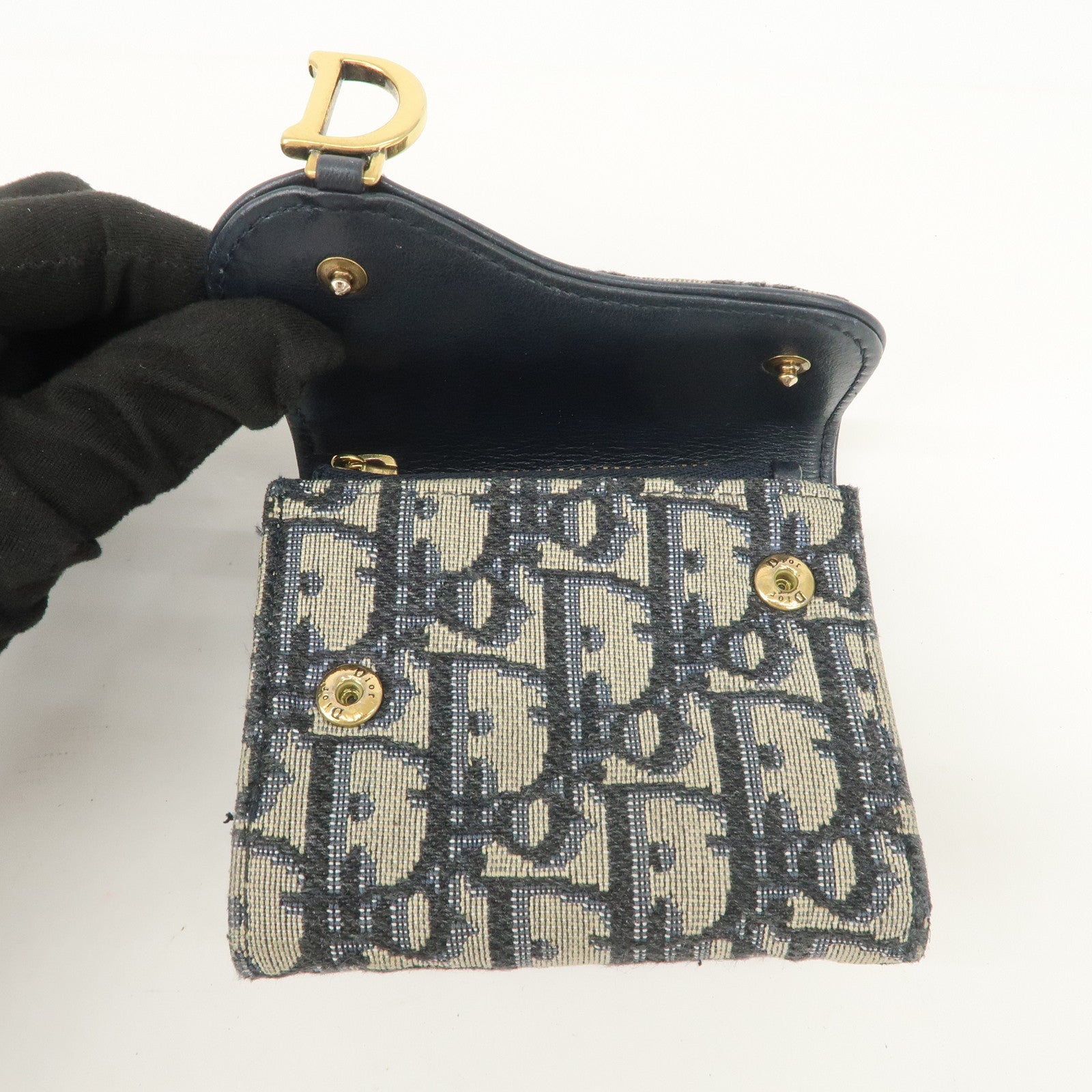 Christian Dior Trotter Canvas Leather Tri-fold Compact Wallet Navy