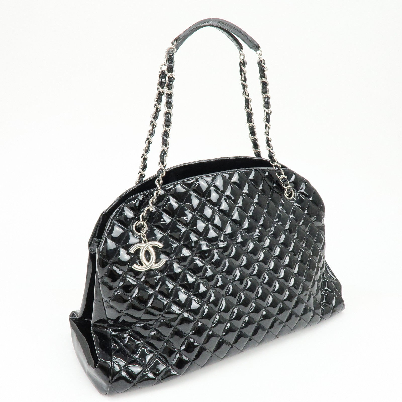 CHANEL Mademoiselle Patent Leather Shoulder Bag Bowling Bag Black