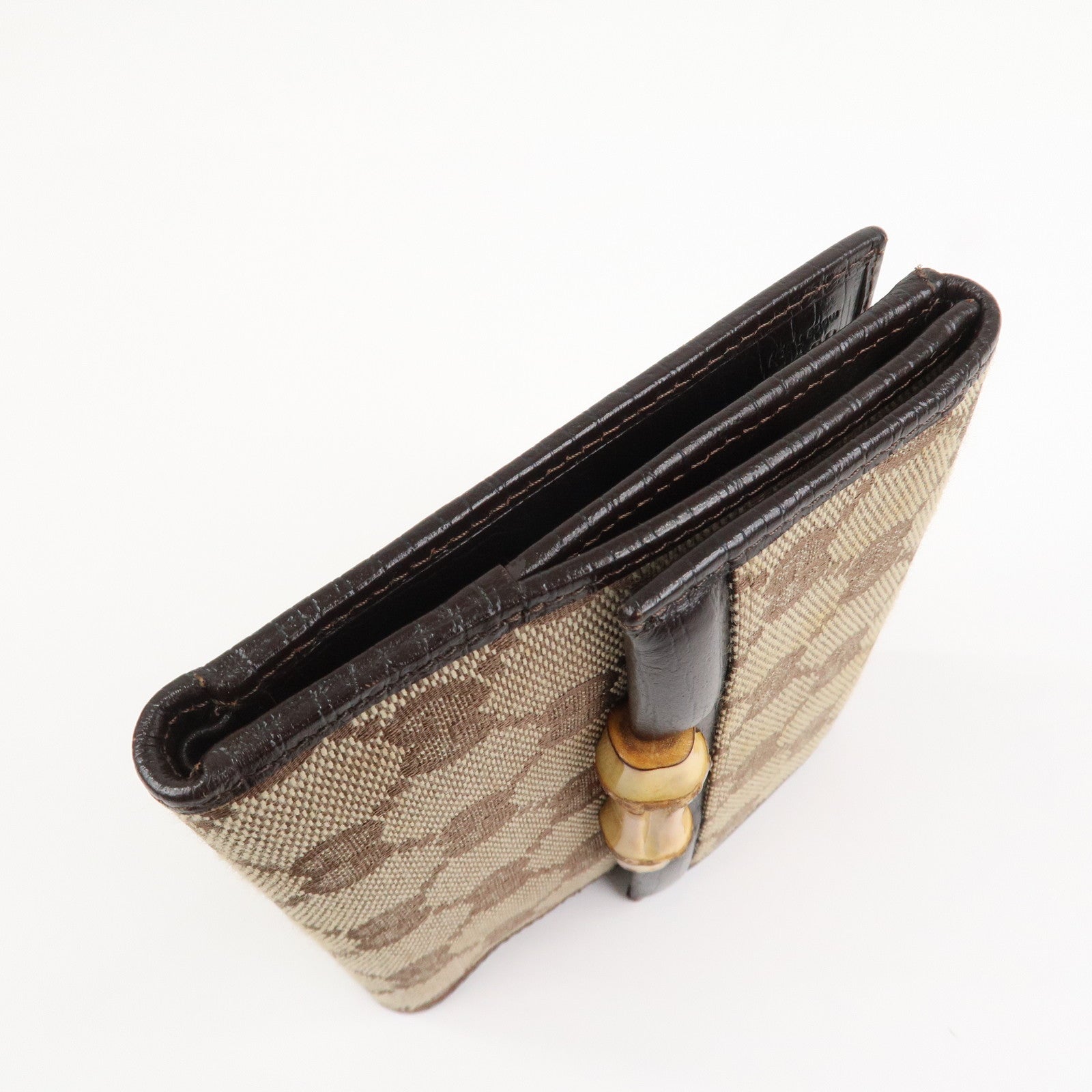 GUCCI Bamboo GG Canvas Leather W Hook Compact Wallet Beige 112521