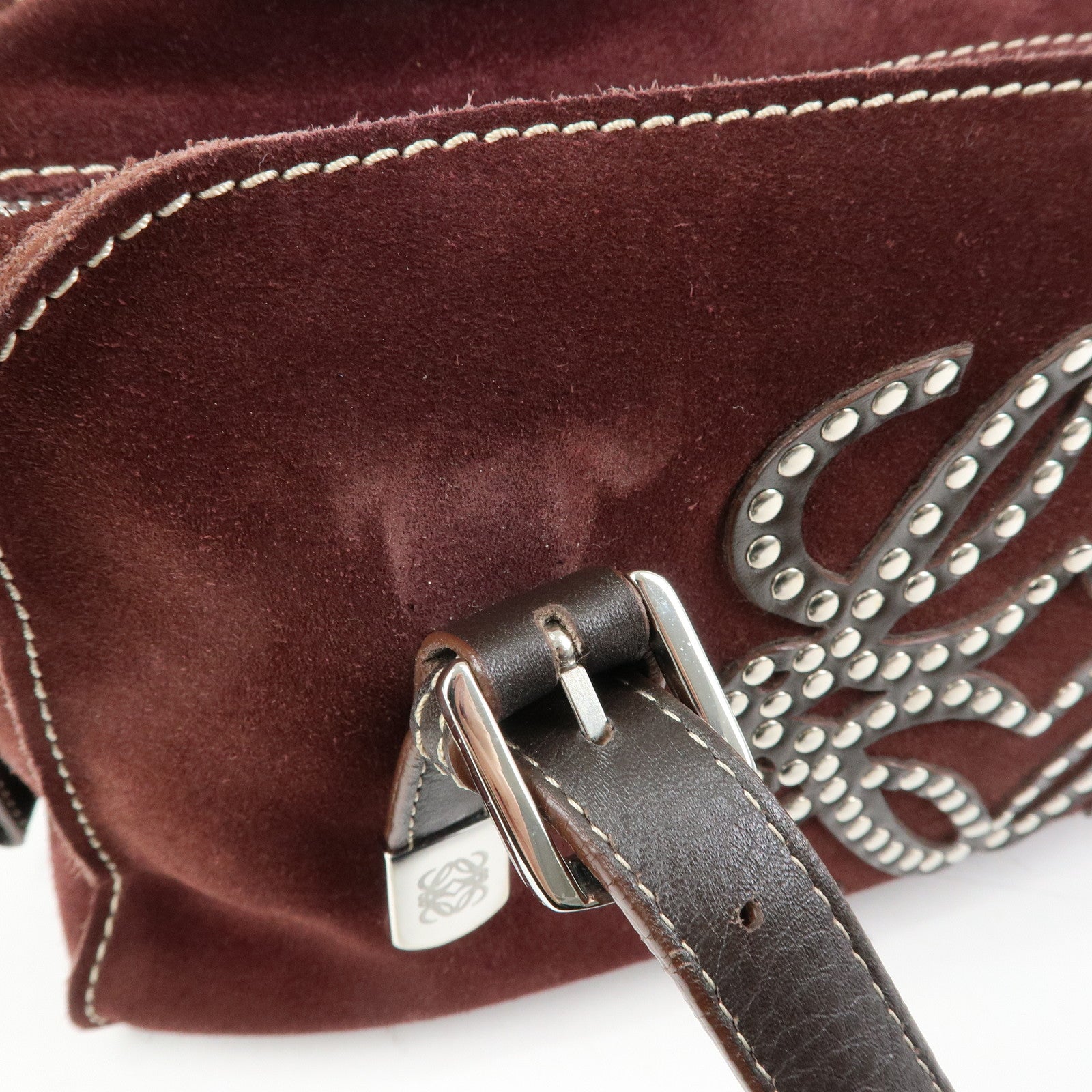 LOEWE Anagram Suede Leather Studs Hand Bag Bordeaux