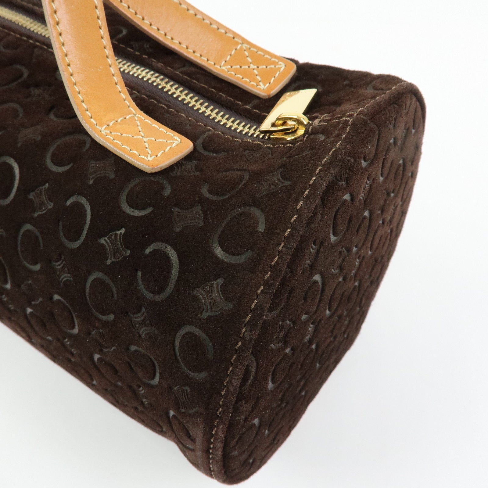 CELINE C Macadam Suede Leather Hand Bag Drum Bag Dark Brown