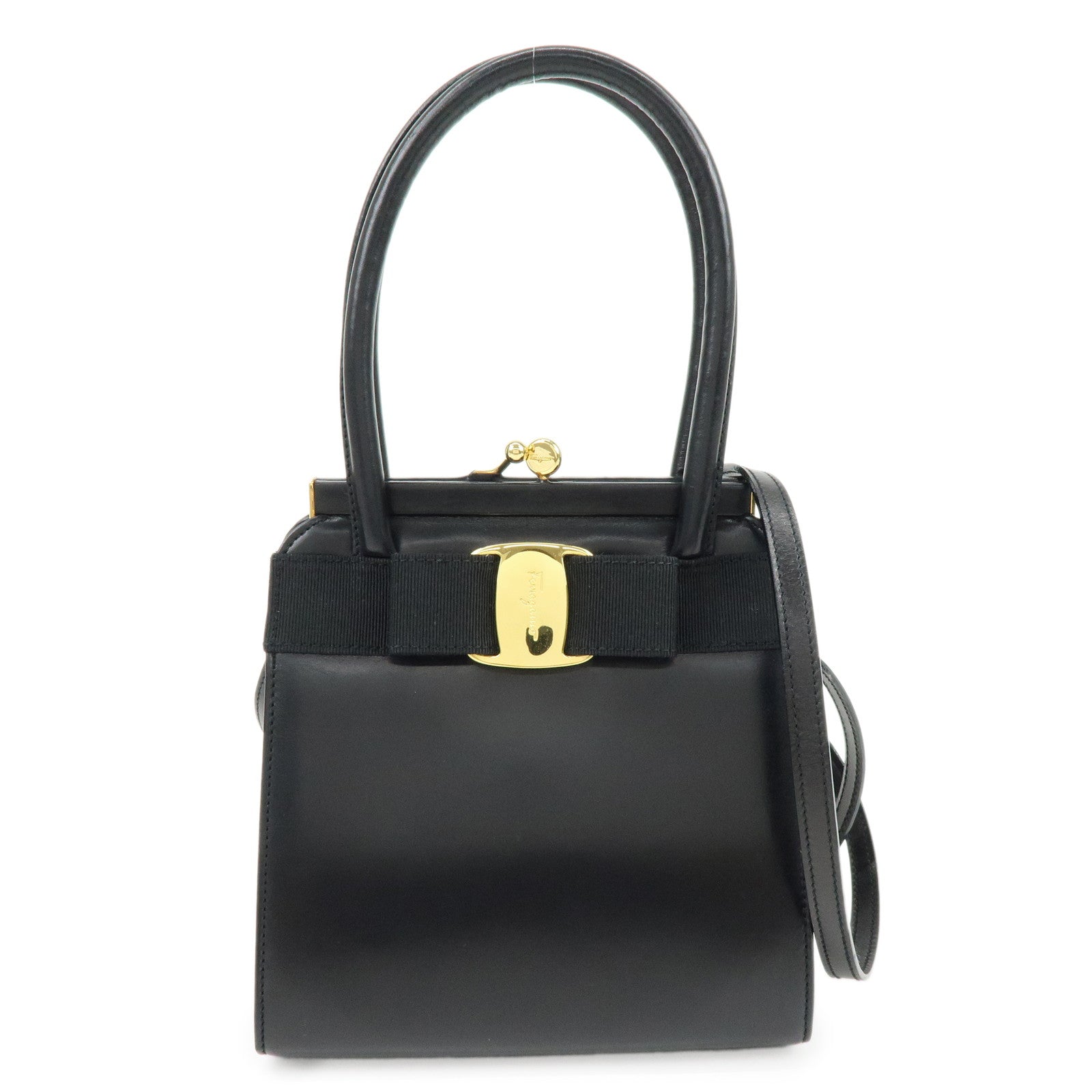 Ferragamo Vara Ribbon Leather 2Way Bag Hand Bag Black