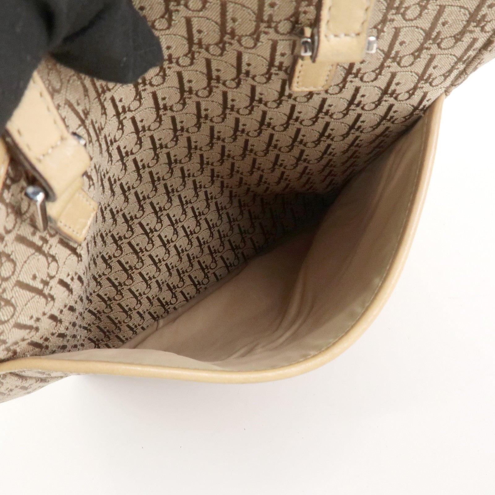 Christian Dior Trotter Leather Canvas Tote Bag Shoulder Bag Beige