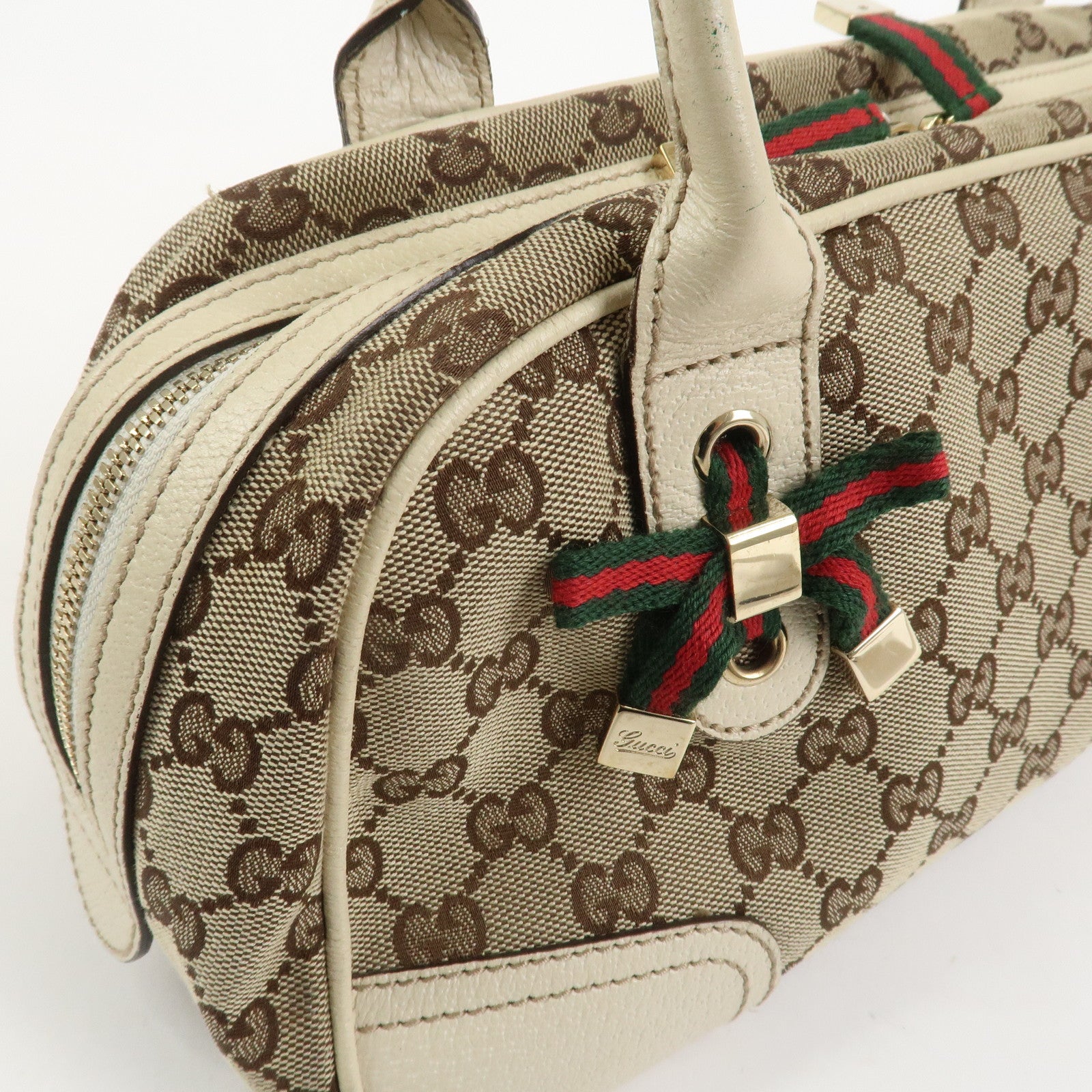 GUCCI Princy Sherry GG Canvas Leather Boston Bag Brown Ivory 161720