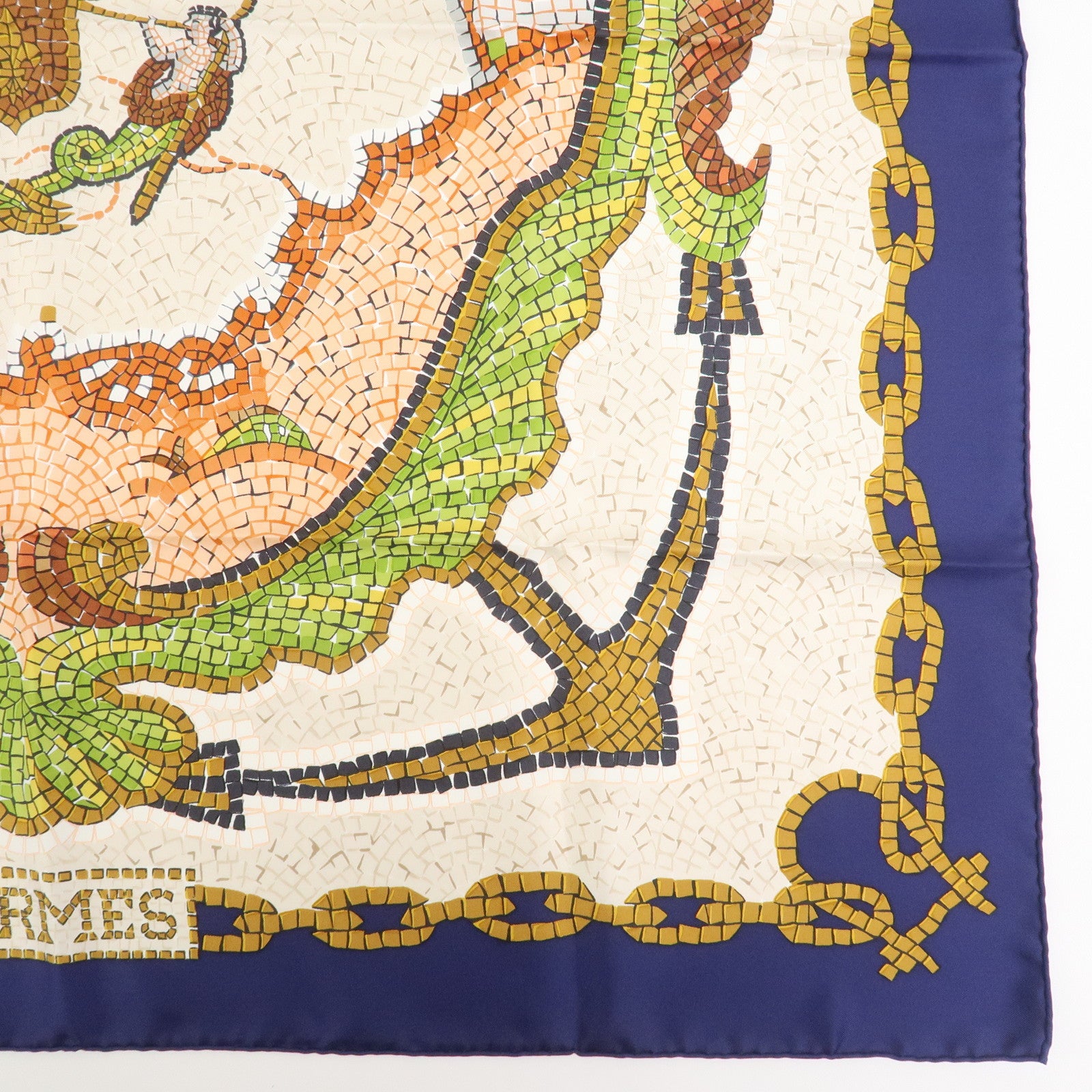 HERMES Carre 90 Silk 100% PROVENCE Scarf Navy Ivory