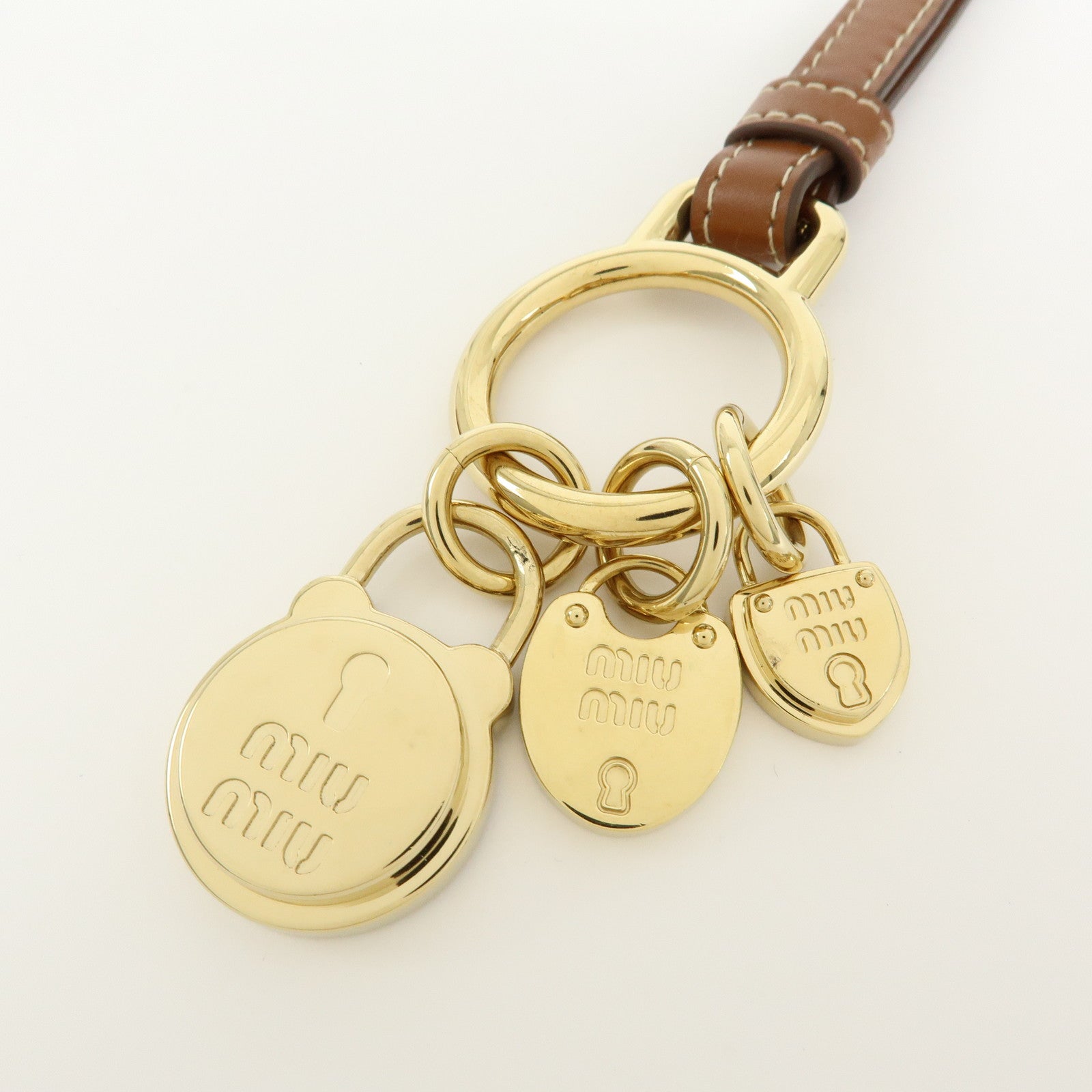 MIU MIU Leather Bag Charm Key Chain Brown Gold 5IC182