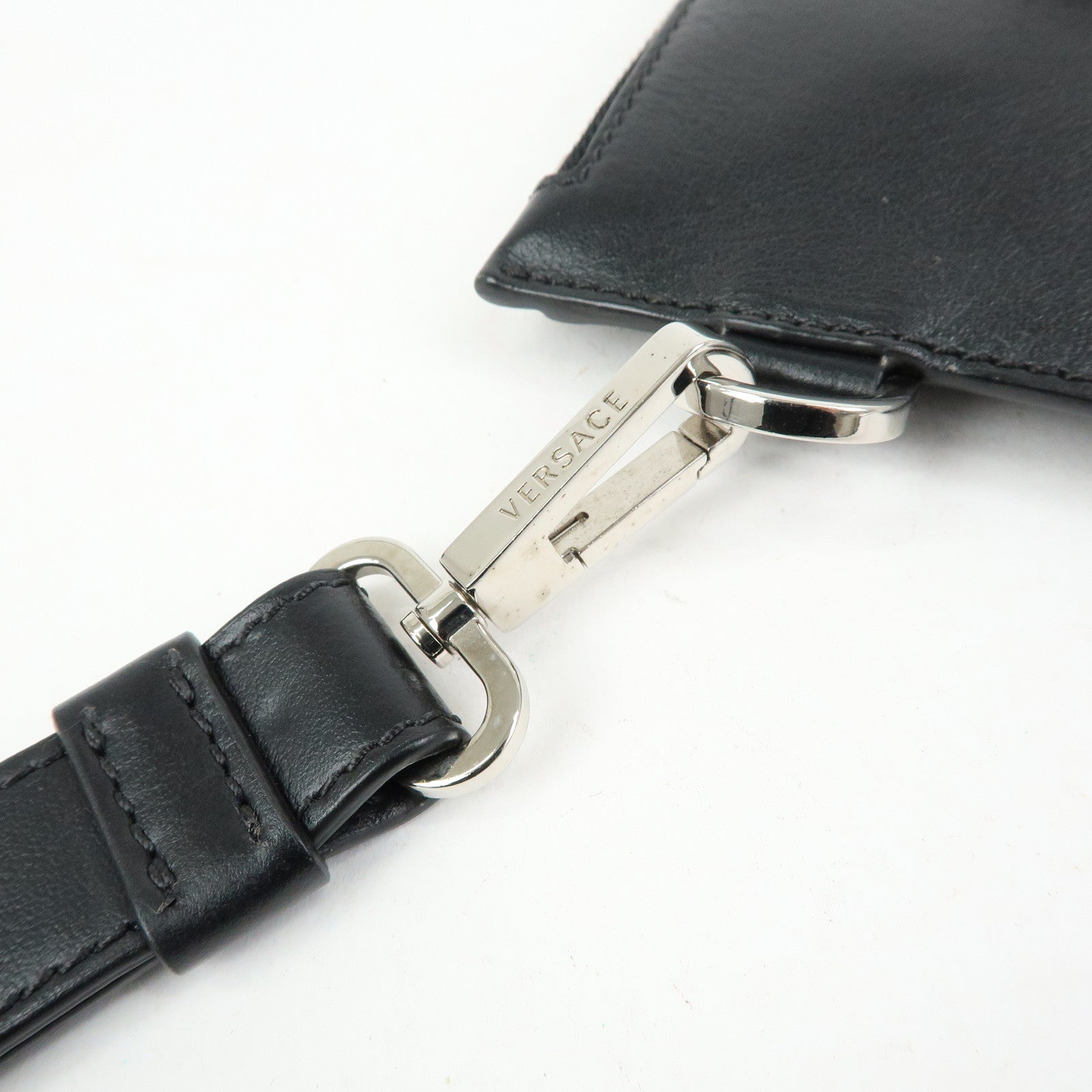 VERSACE Logo Leather Heart Wrist Bag Clutch Bag Black Multicolor