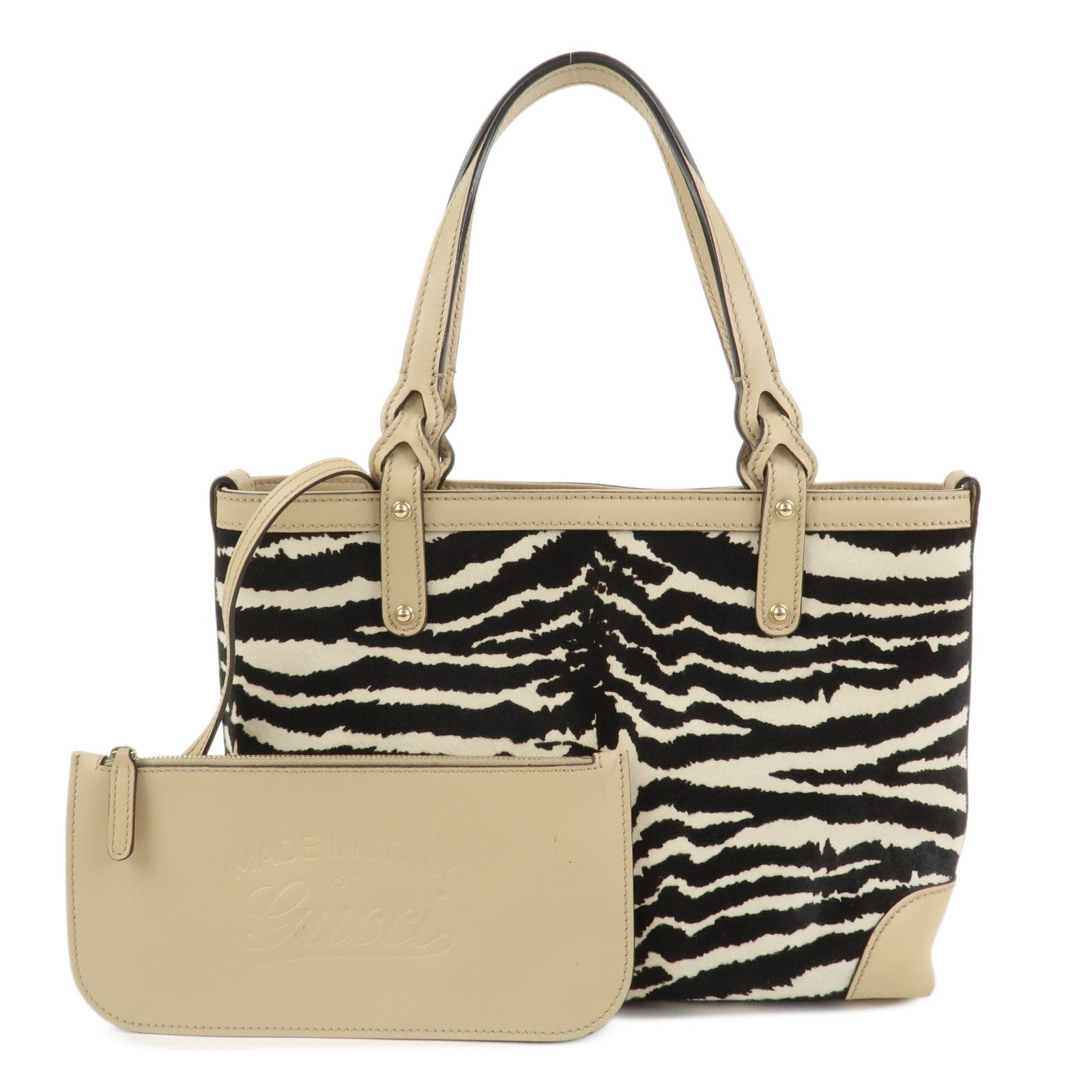 GUCCI Pony Hair Leather Shoulder Bag Hand Bag Beige Black 269878