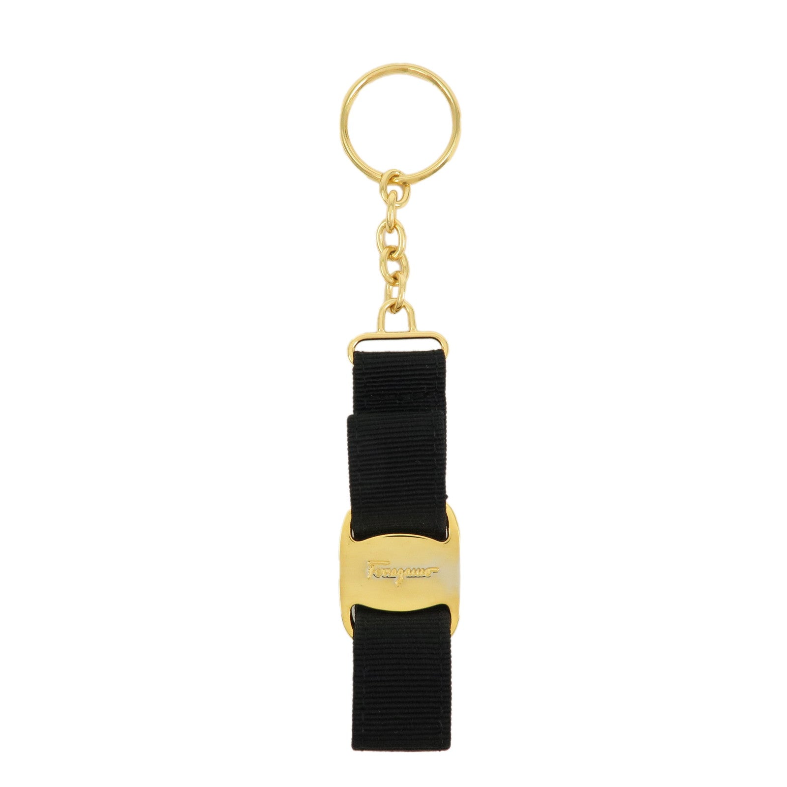 Ferragamo Vara Ribbon Metal Canvas Bag Charm Key Holder Black