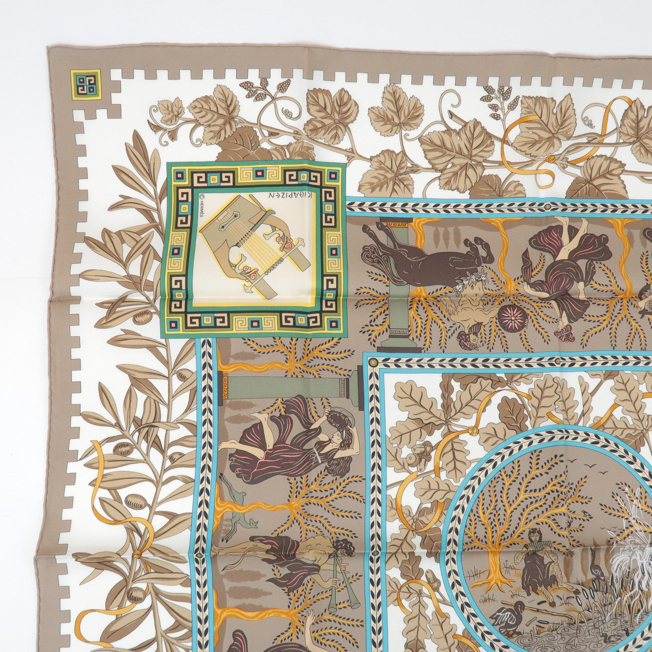 HERMES Carre 90 Silk 100% Scarf MUSIQUE DES DIEUX Brown Blue