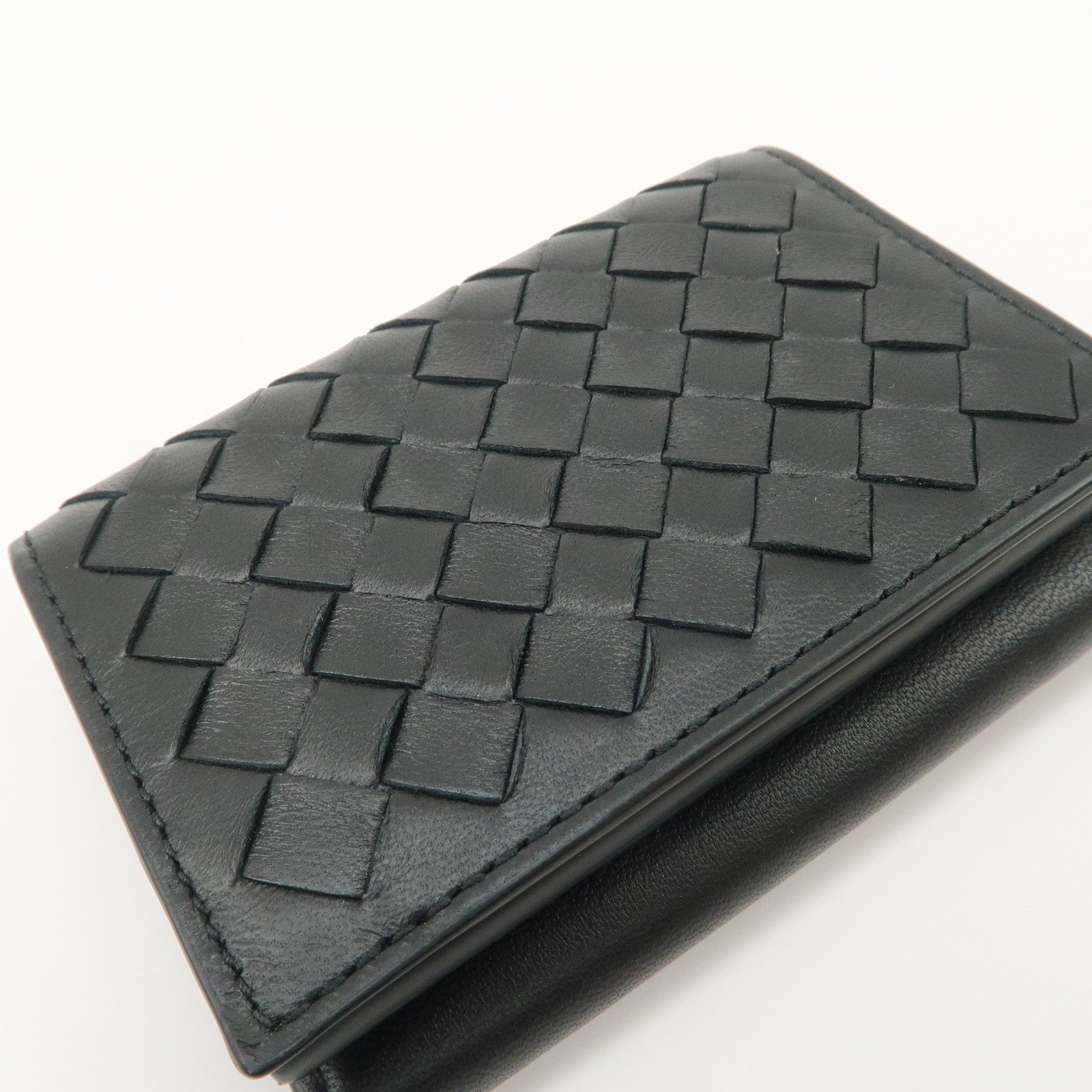 Bottega Veneta  Intrecciato Leather Tri-fold Compact Wallet Black