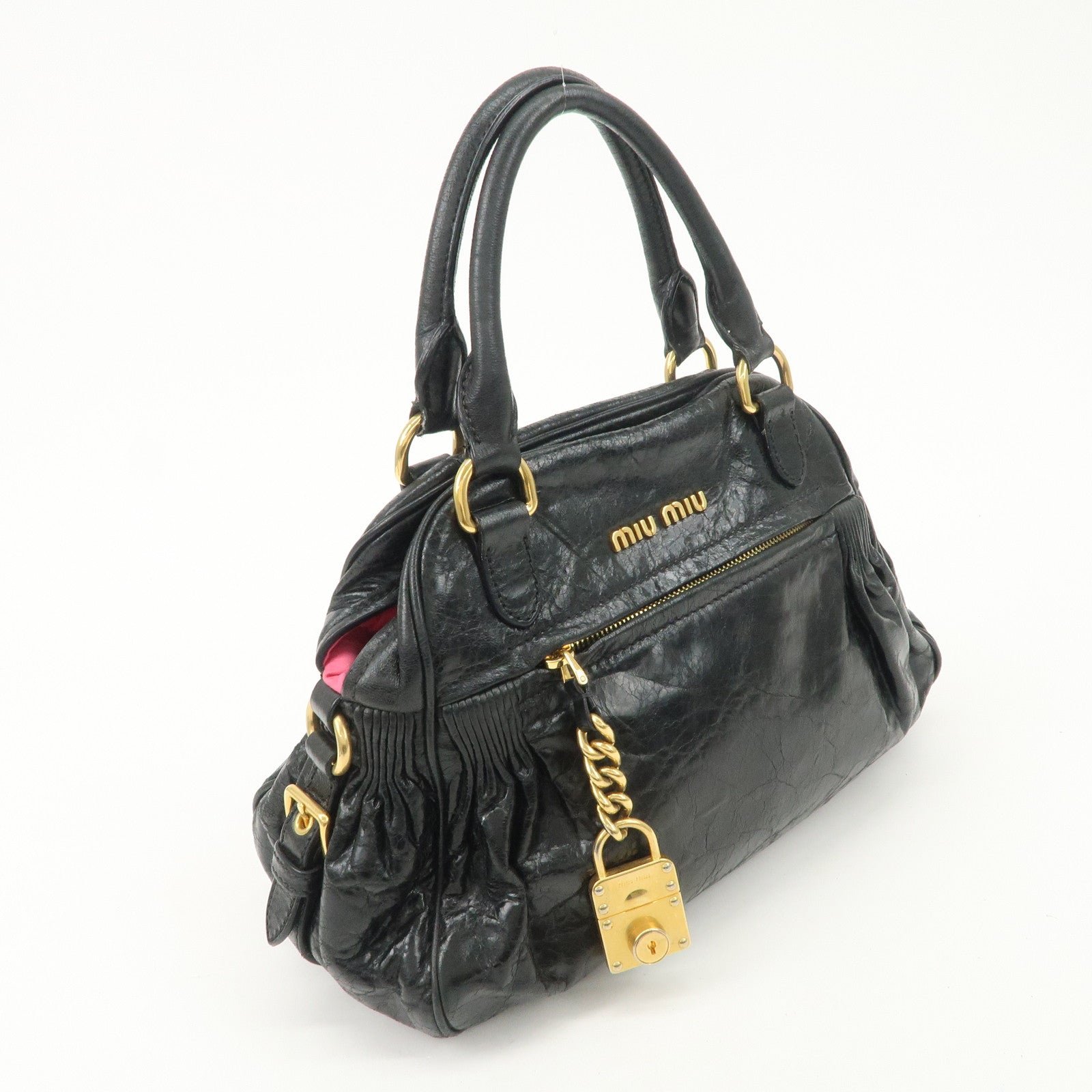 MIU MIU Leather 2Way Bag Hand Bag Shoulder Bag Black RR1424 Used