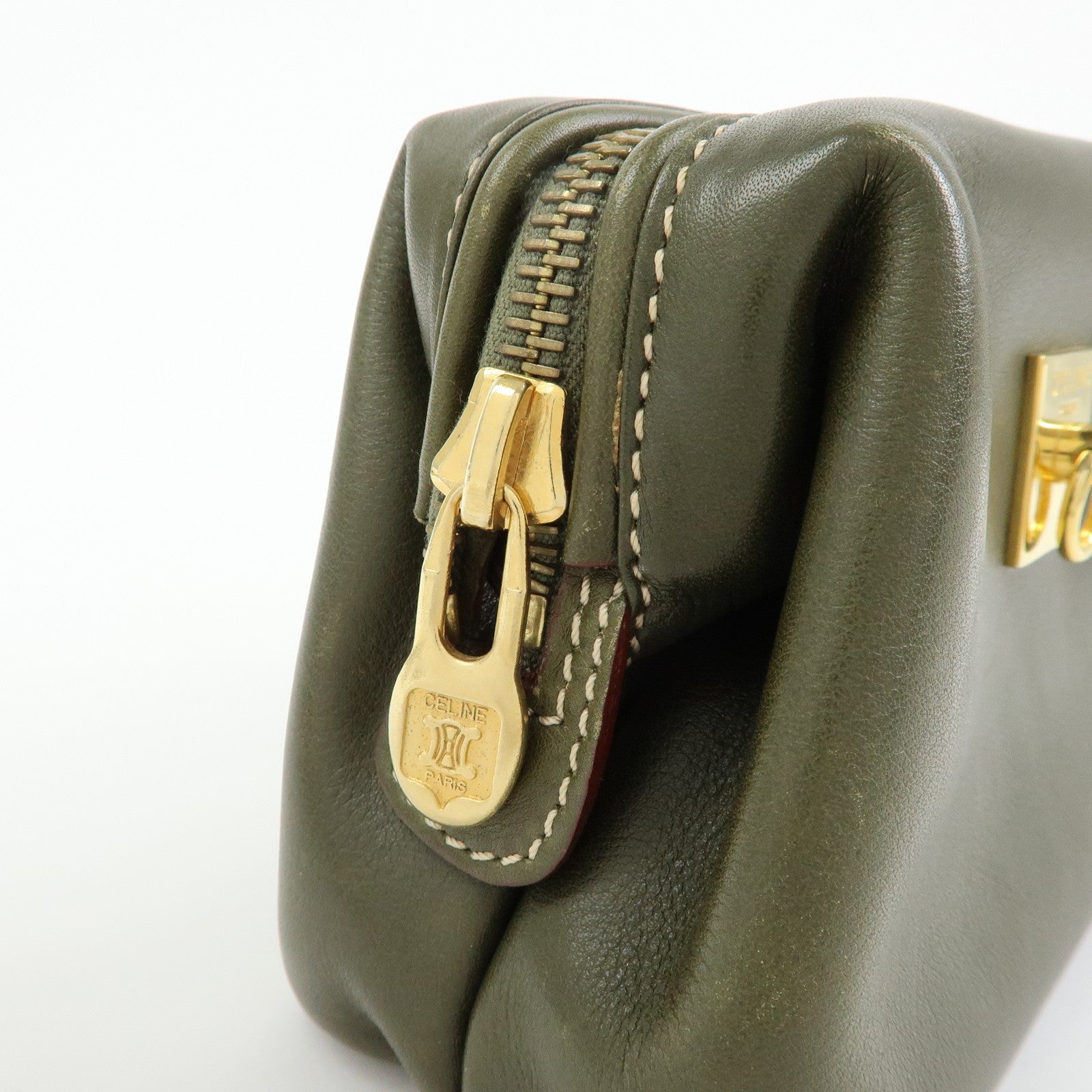 CELINE Logo Leather Accessory Pouch Cosmetic Case Khaki