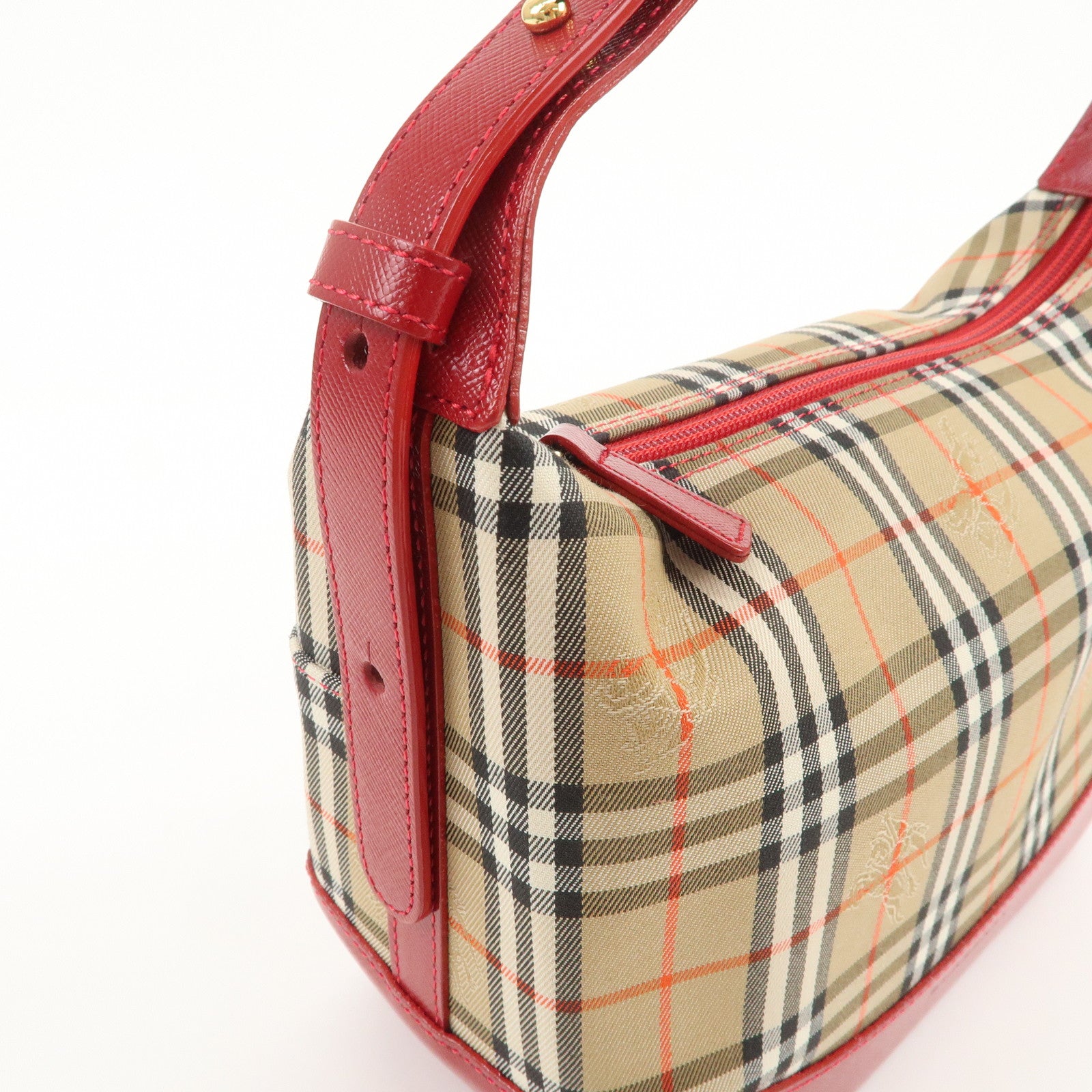 BURBERRY Nova Plaid Canvas Leather Hand Bag Shoulder Bag Beige Red