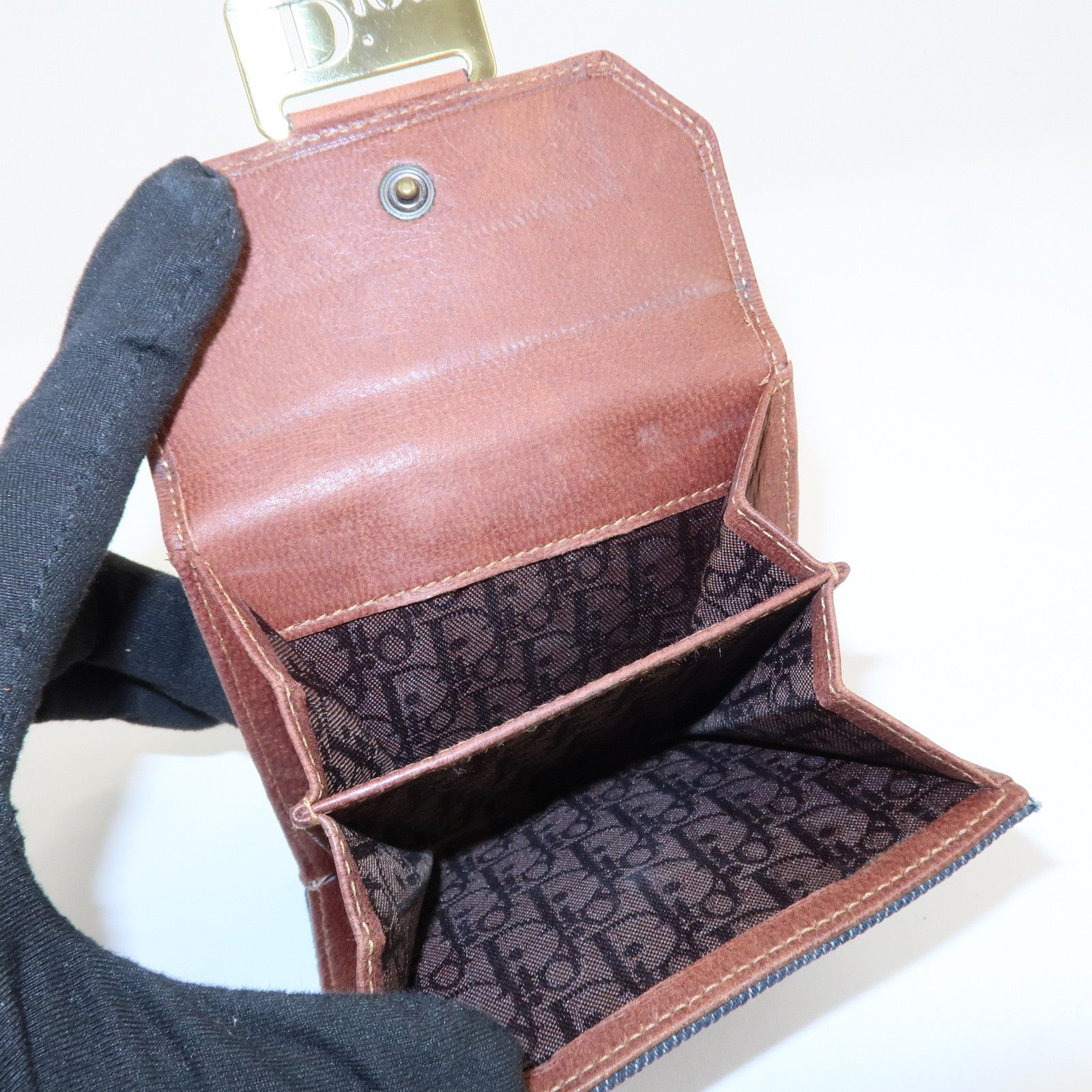 Christian Dior Leather Denim Bi-fold Compact Wallet 46BM-0024 Used