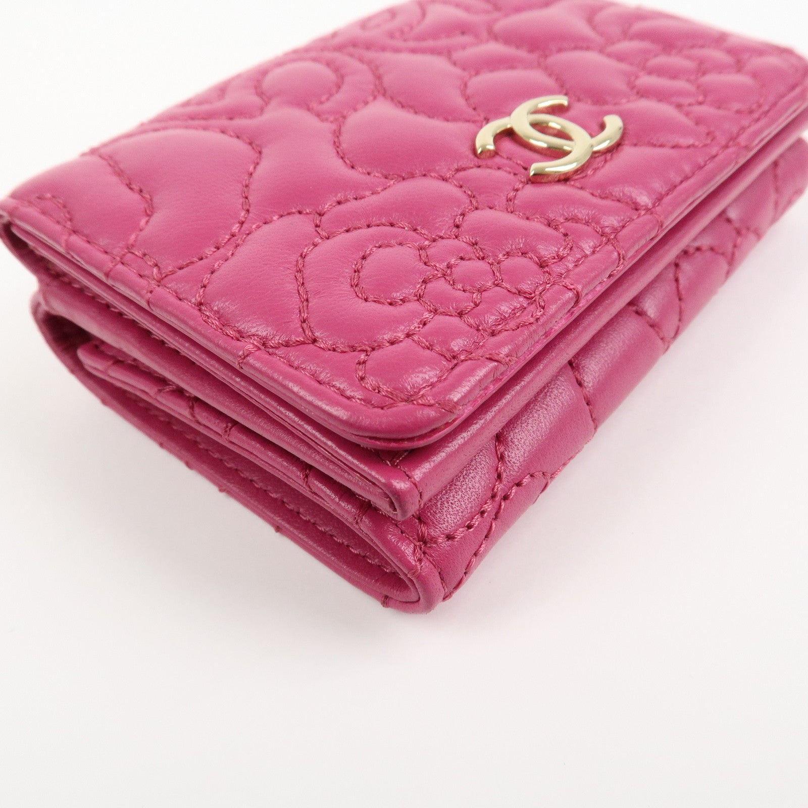 CHANEL COCO Mark Lamb Skin Tri-fold Compact Wallet Pink