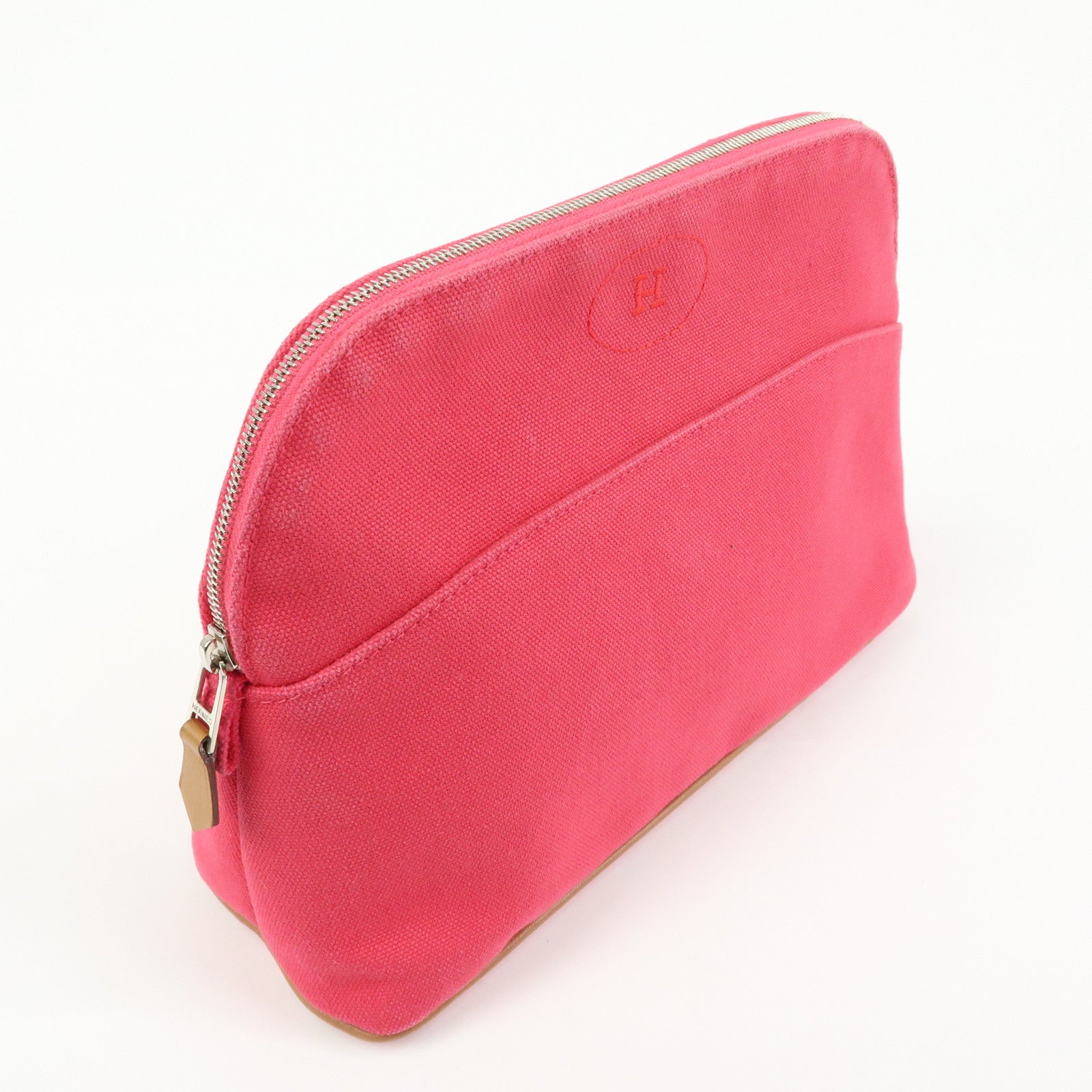 HERMES Bolide MM Cotton Leather Pouch Cosmetic Case Pink Orange