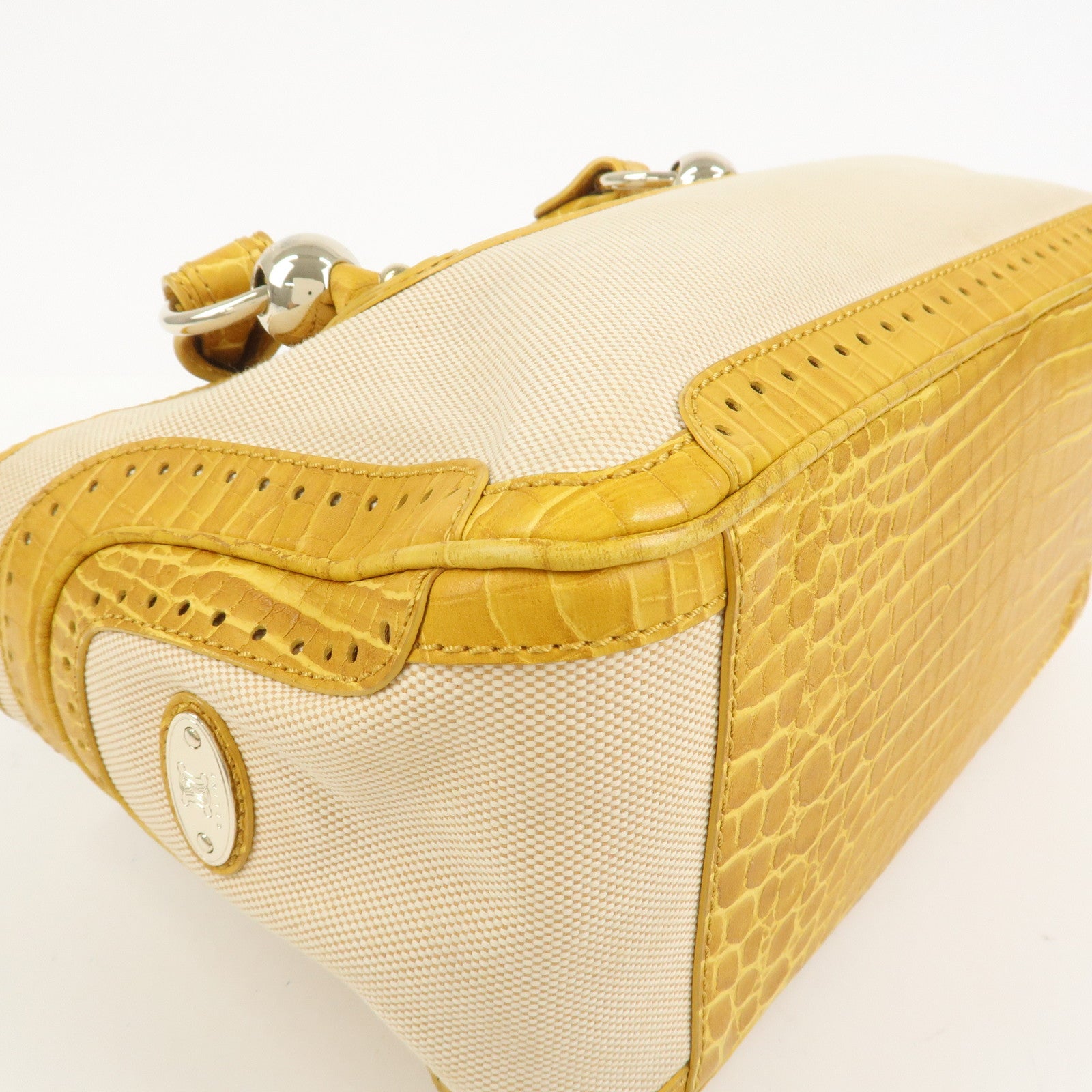 CELINE Boogie Bag Canvas Embossed Leather Hand Bag Natural Yellow