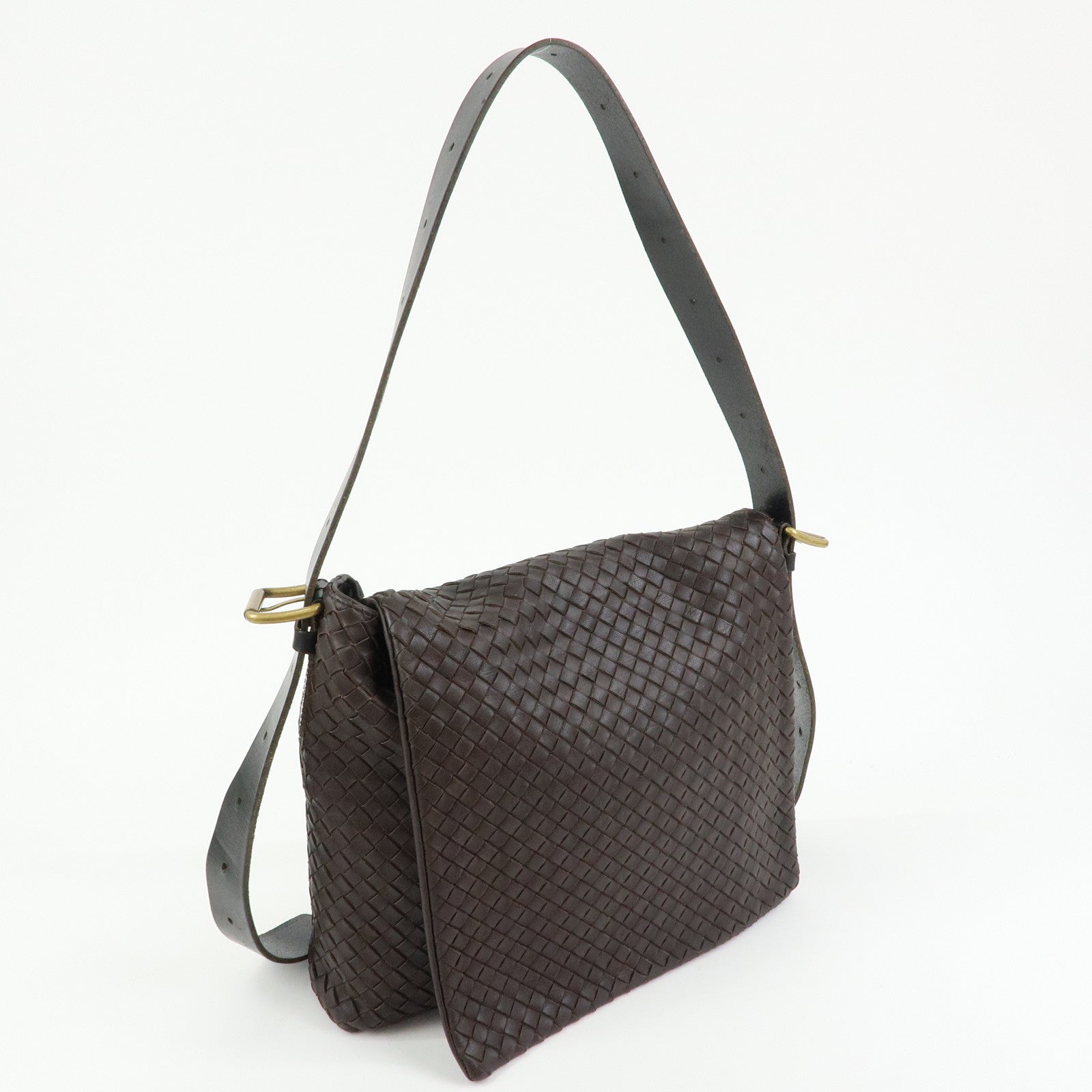 BOTTEGA VENETA Intrecciato Leather Shoulder Bag Dark Brown 163971