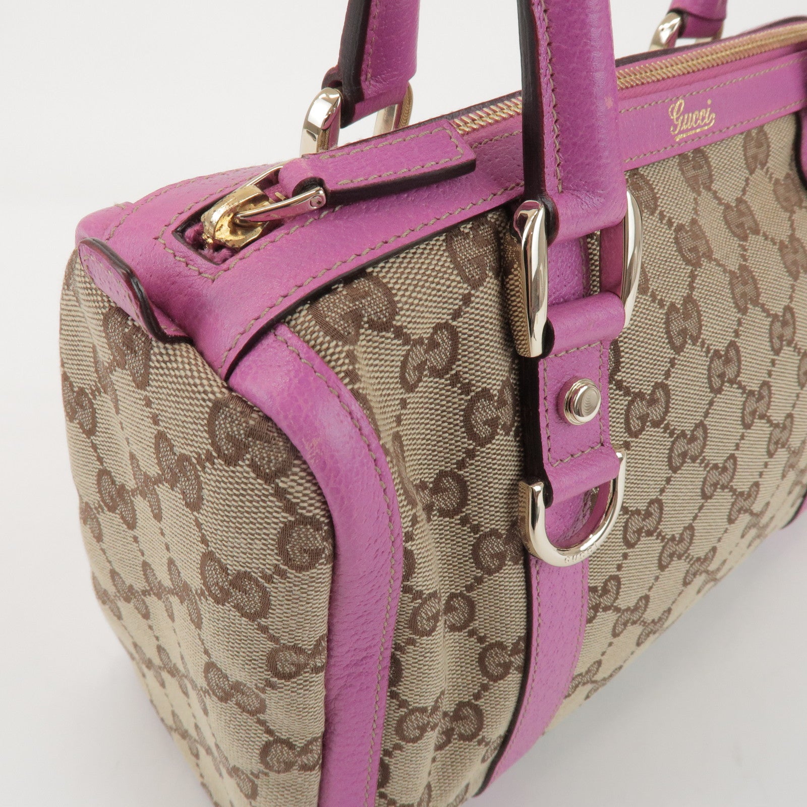 GUCCI Abbey GG Canvas Leather Mini Boston Bag Beige Fuchsia 130942
