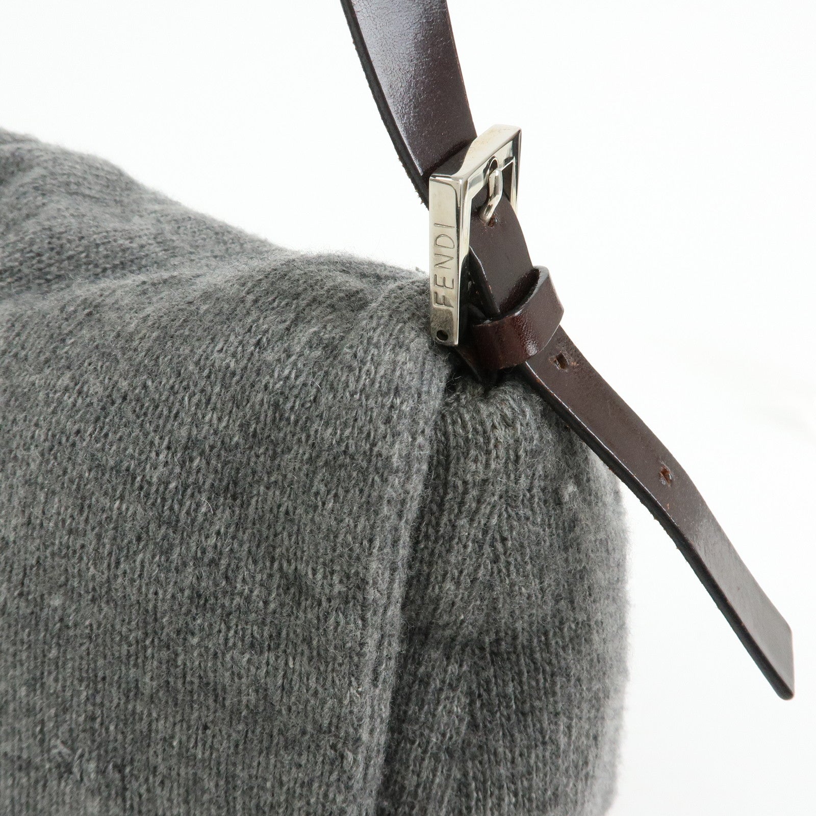 FENDI Mamma Baguette Wool Leather Shoulder Bag Grey Brown 26325