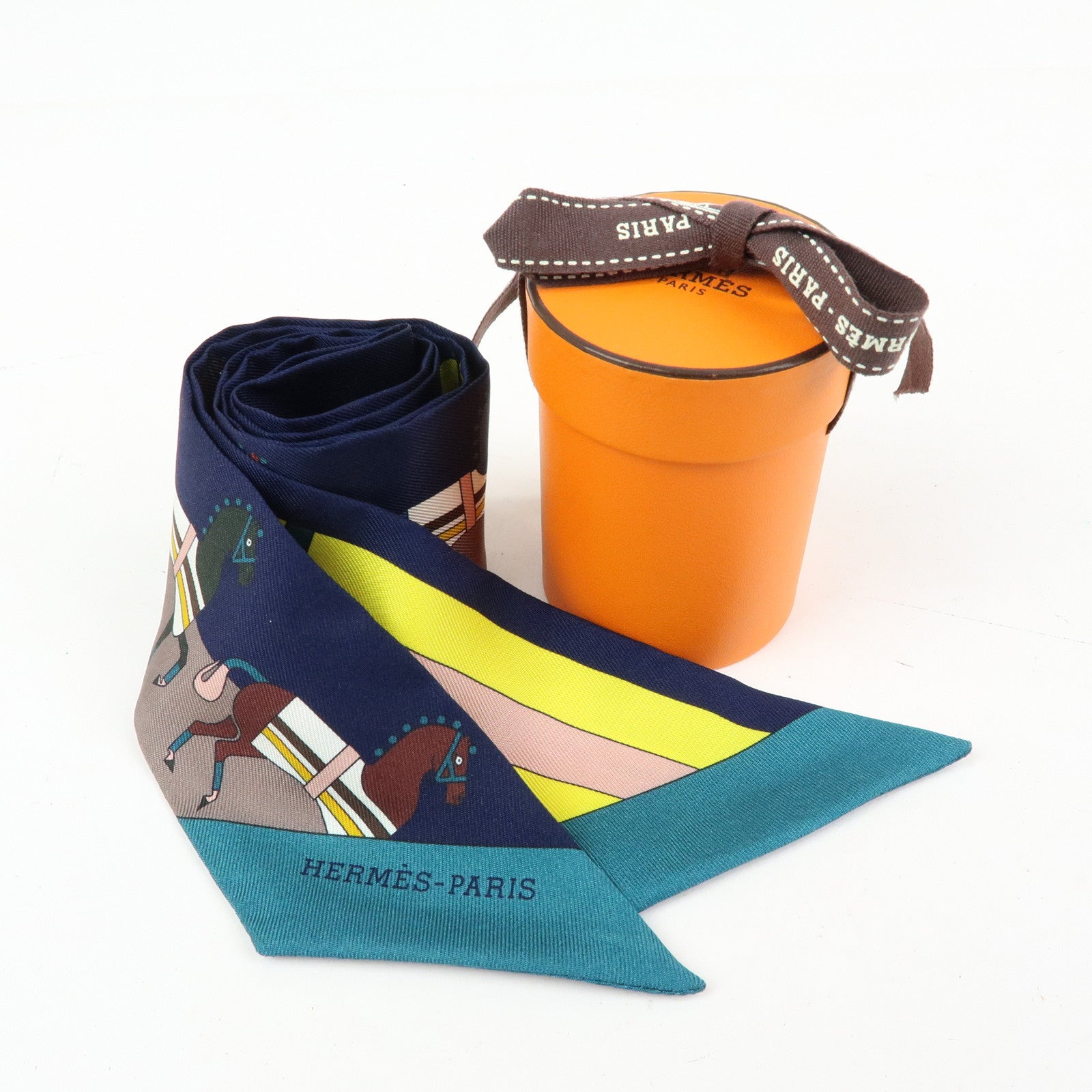 HERMES Silk 100% Twilly Scarf Rocabar Navy Greige