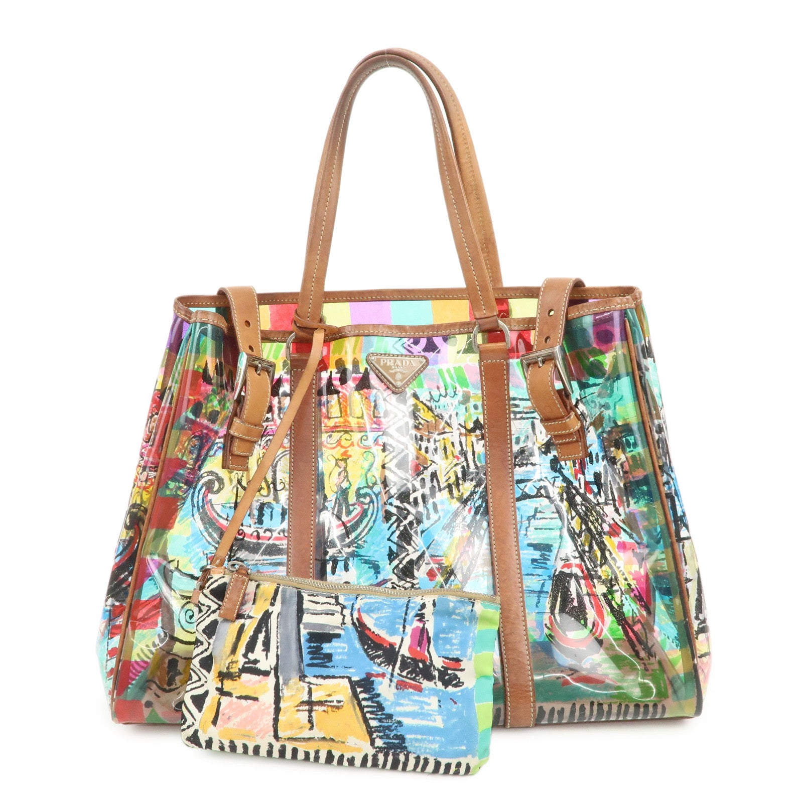 PRADA Venetian Print PVC Leather Tote Bag Clear Multicolor BR2515