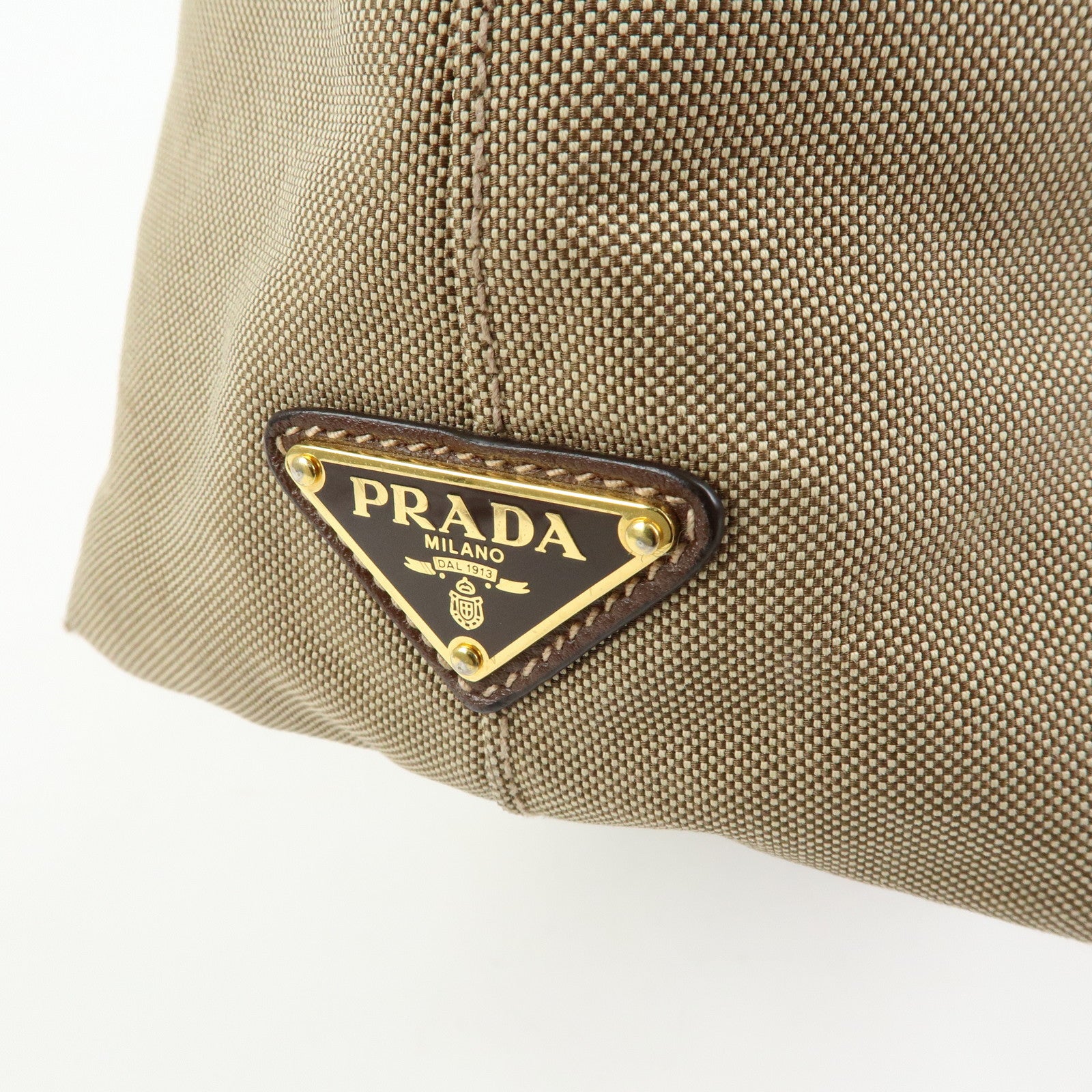 PRADA Triangle Logo Jacquard Leather Tote Bag Beige Brown 1BG158