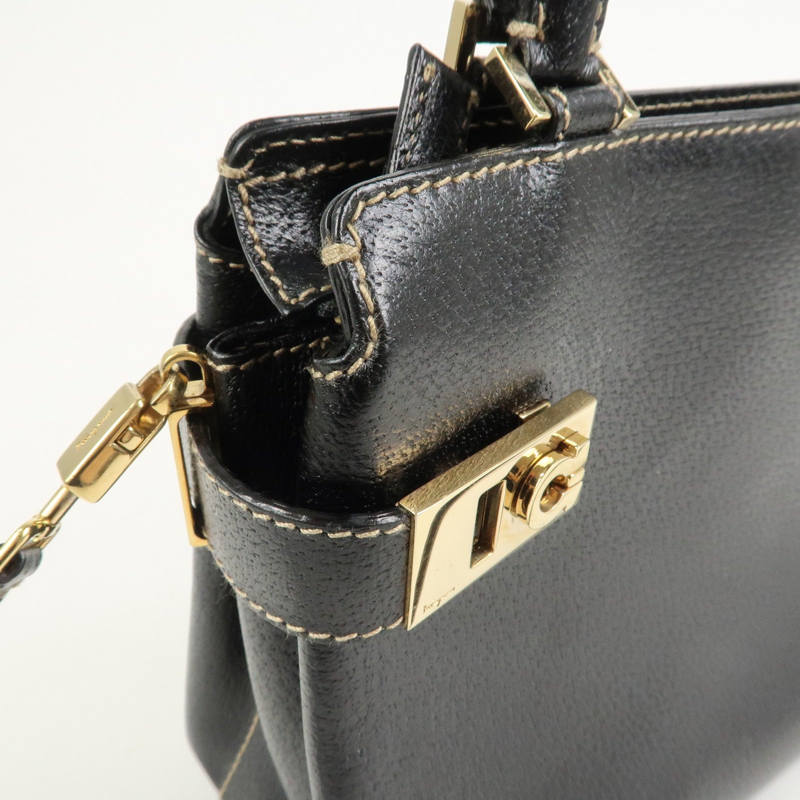 Ferragamo Gancini Leather 2 Way Bag Hand Bag Shoulder Bag Black