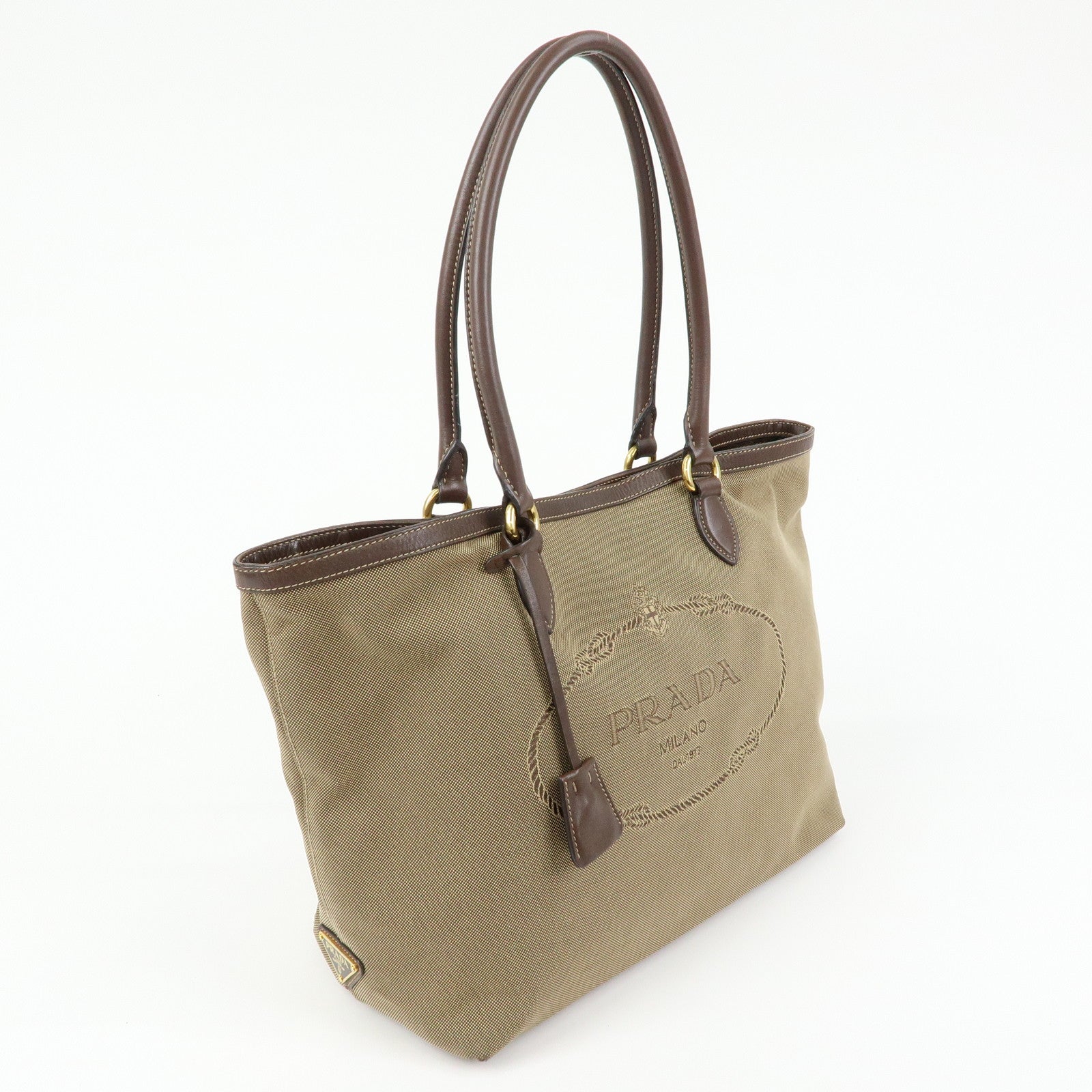 PRADA Triangle Logo Jacquard Leather Tote Shoulder Bag Beige Brown