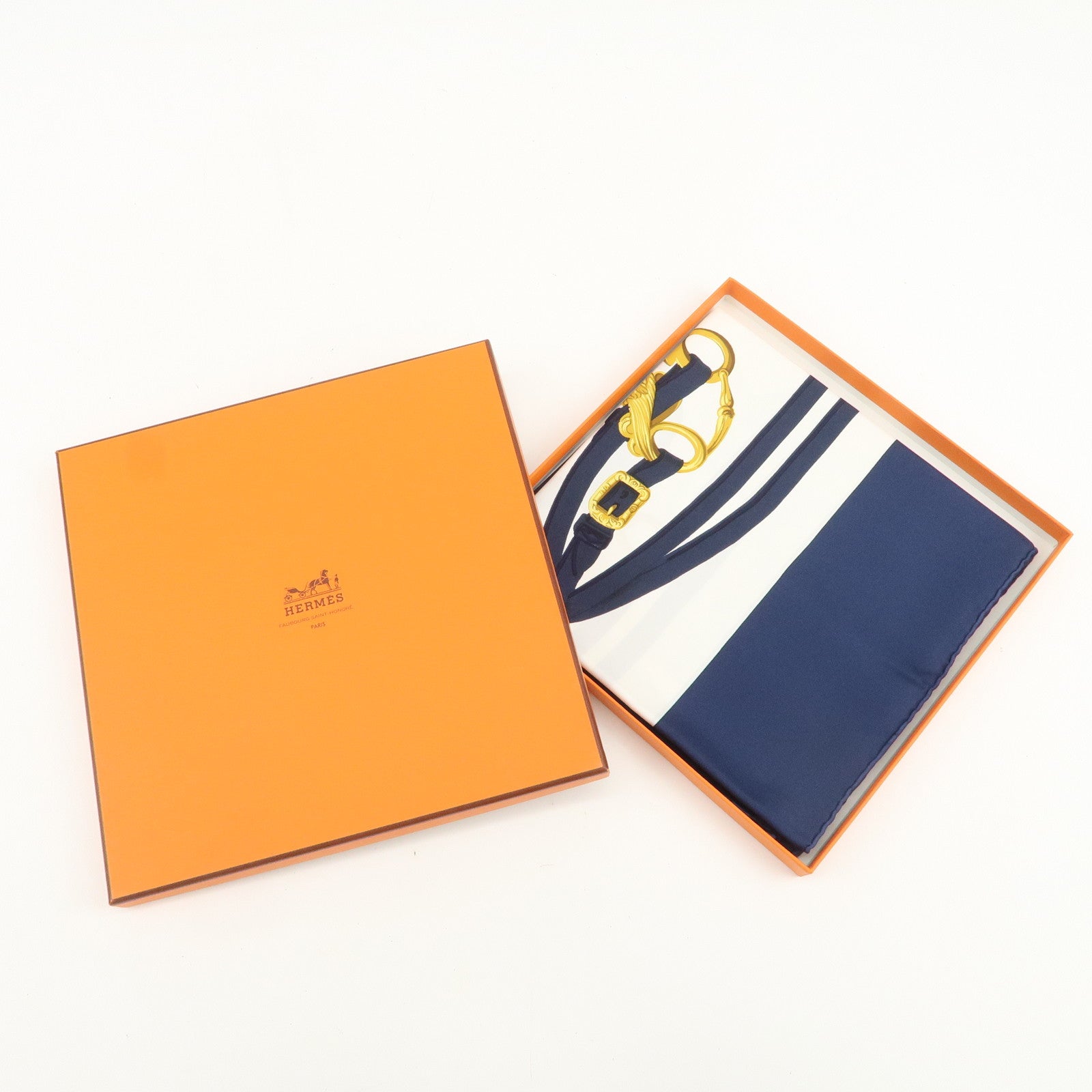 HERMES Carre 90 Silk 100% Scarf BRIDES DE GALA Navy White