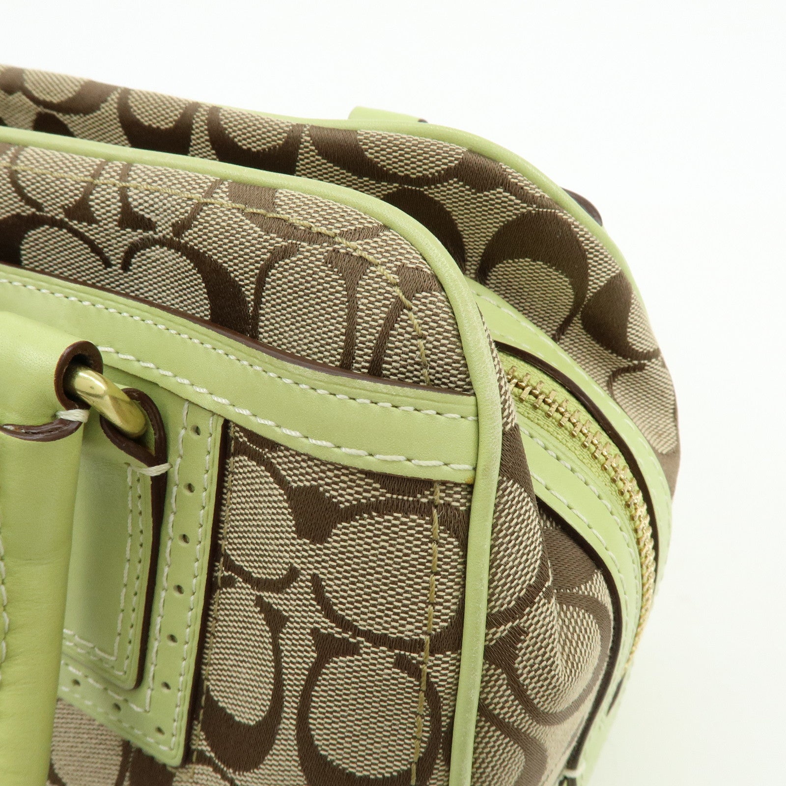 COACH Signature Canvas Leather Boston Hand Bag Light Brown Green