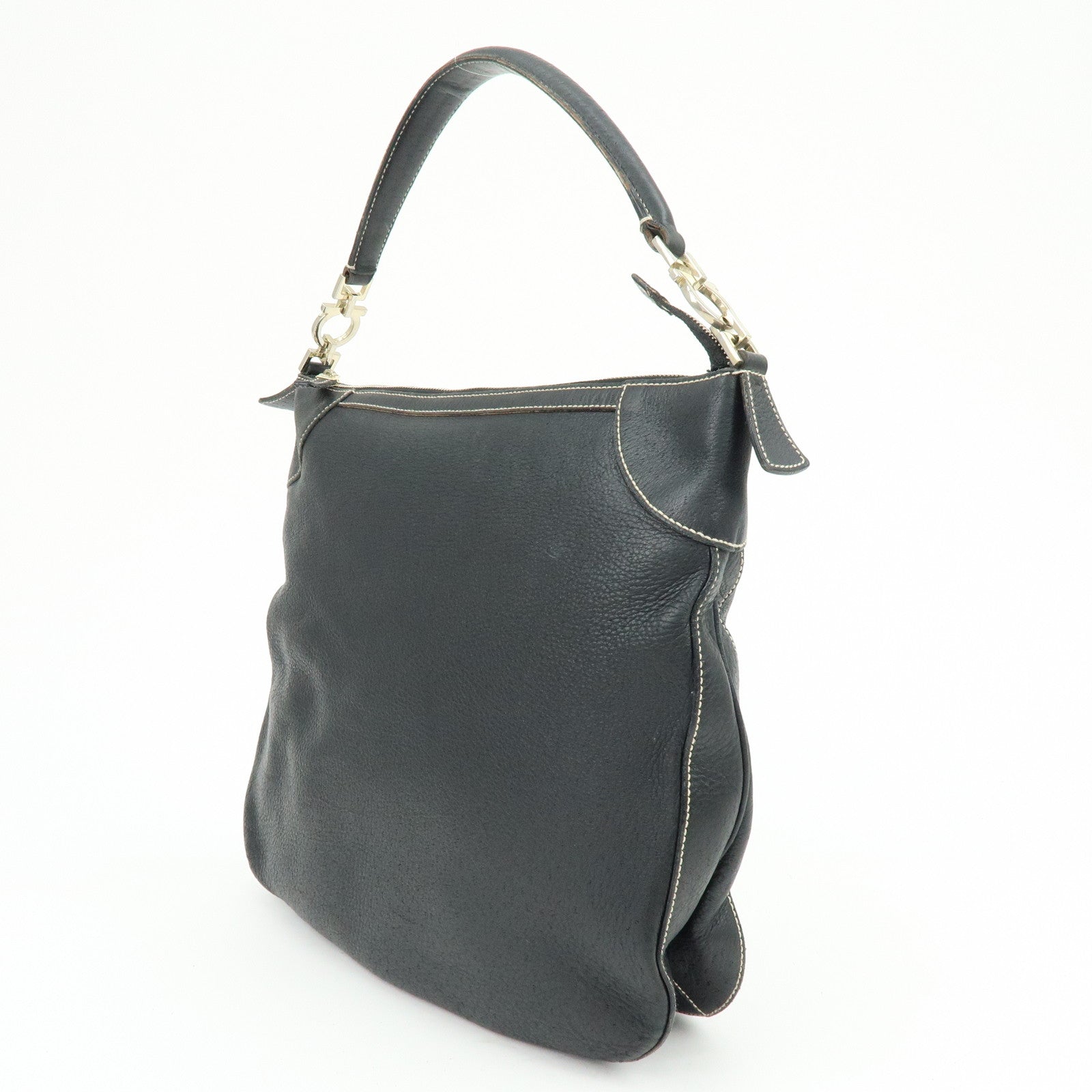 Ferragamo Gancini Leather Shoulder Bag Hand Bag Black