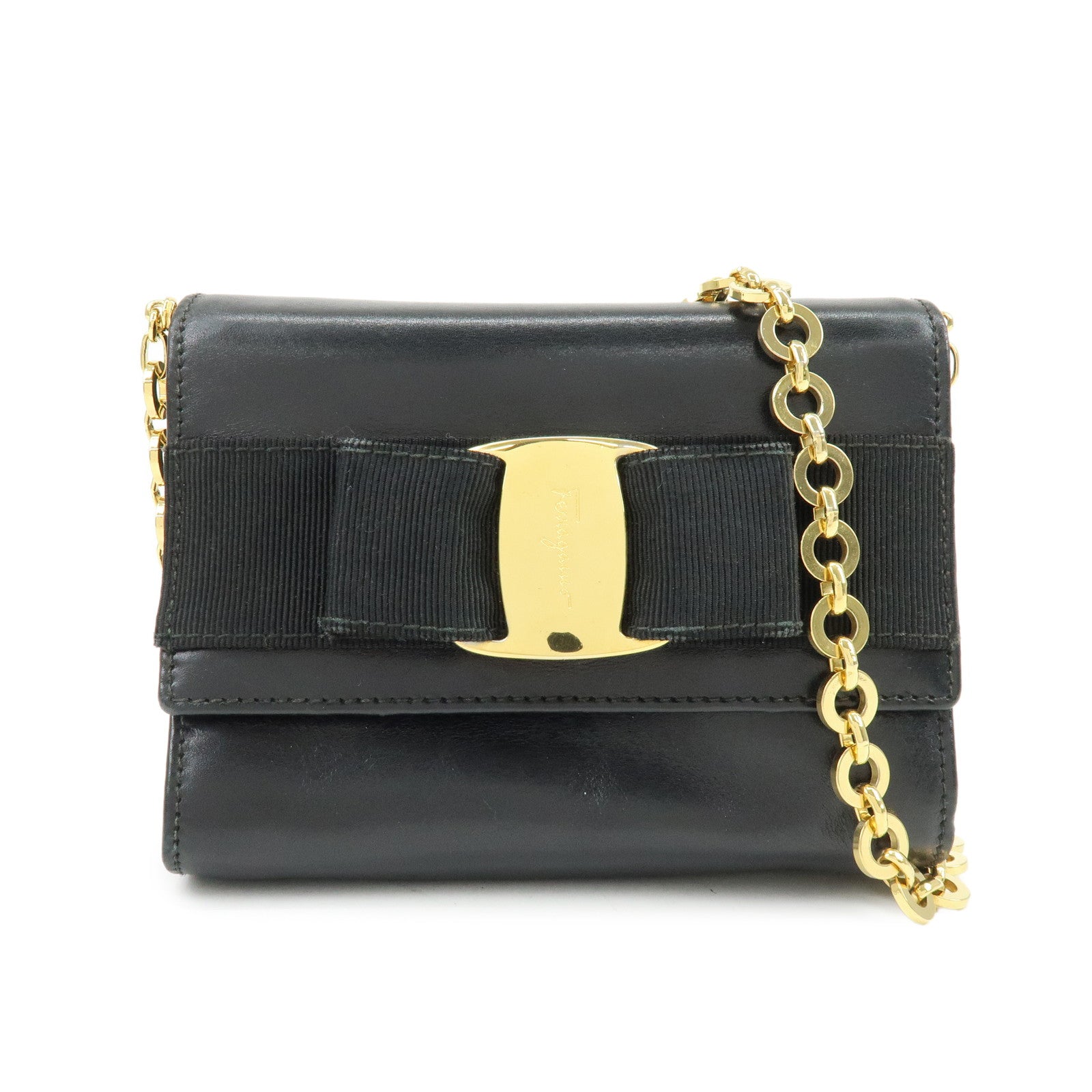 Ferragamo Vara Ribbon Leather 3 Way Bag Shoulder Clutch Bag Black
